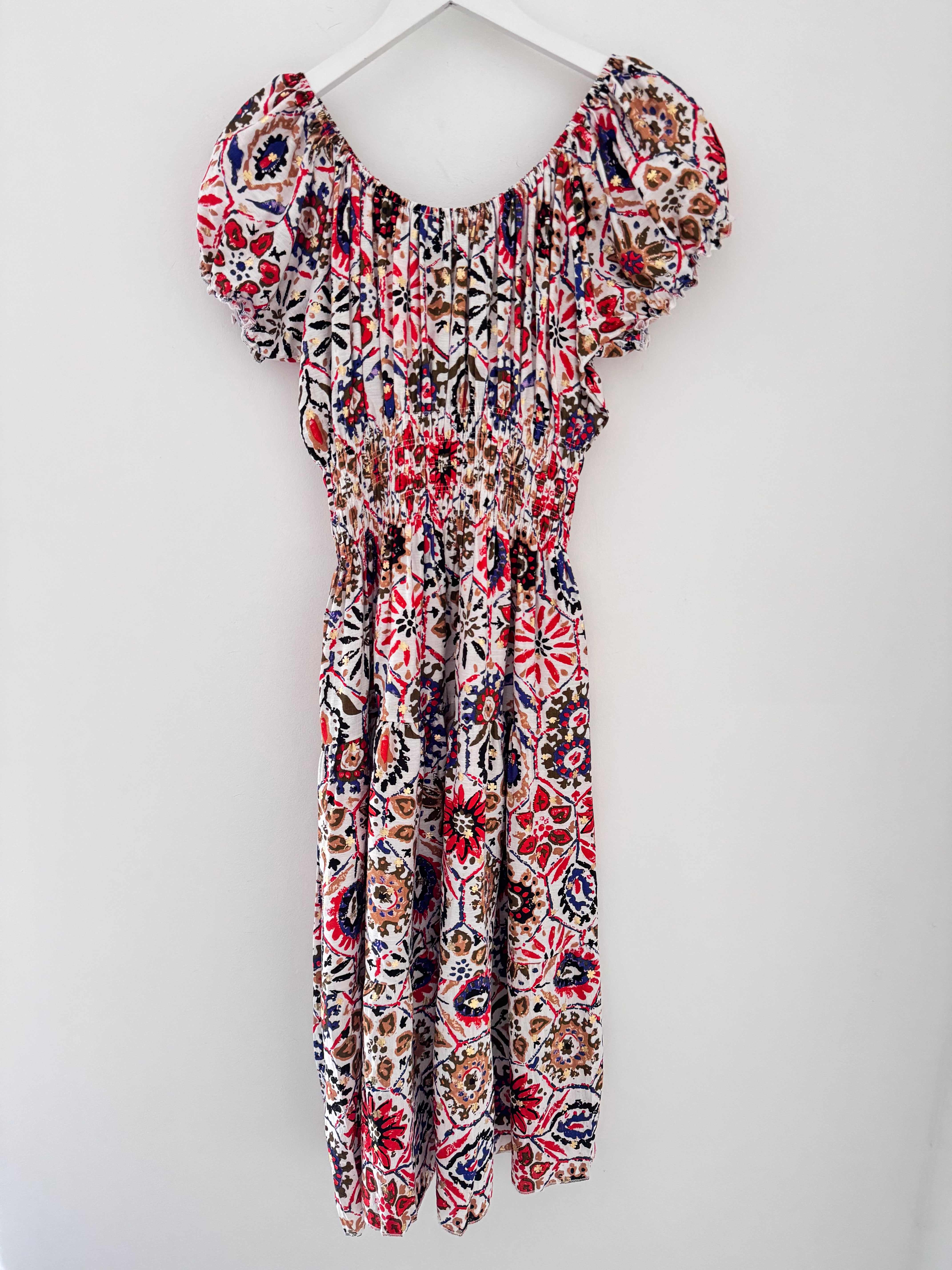 Bardot Dress in Red & Blue Print