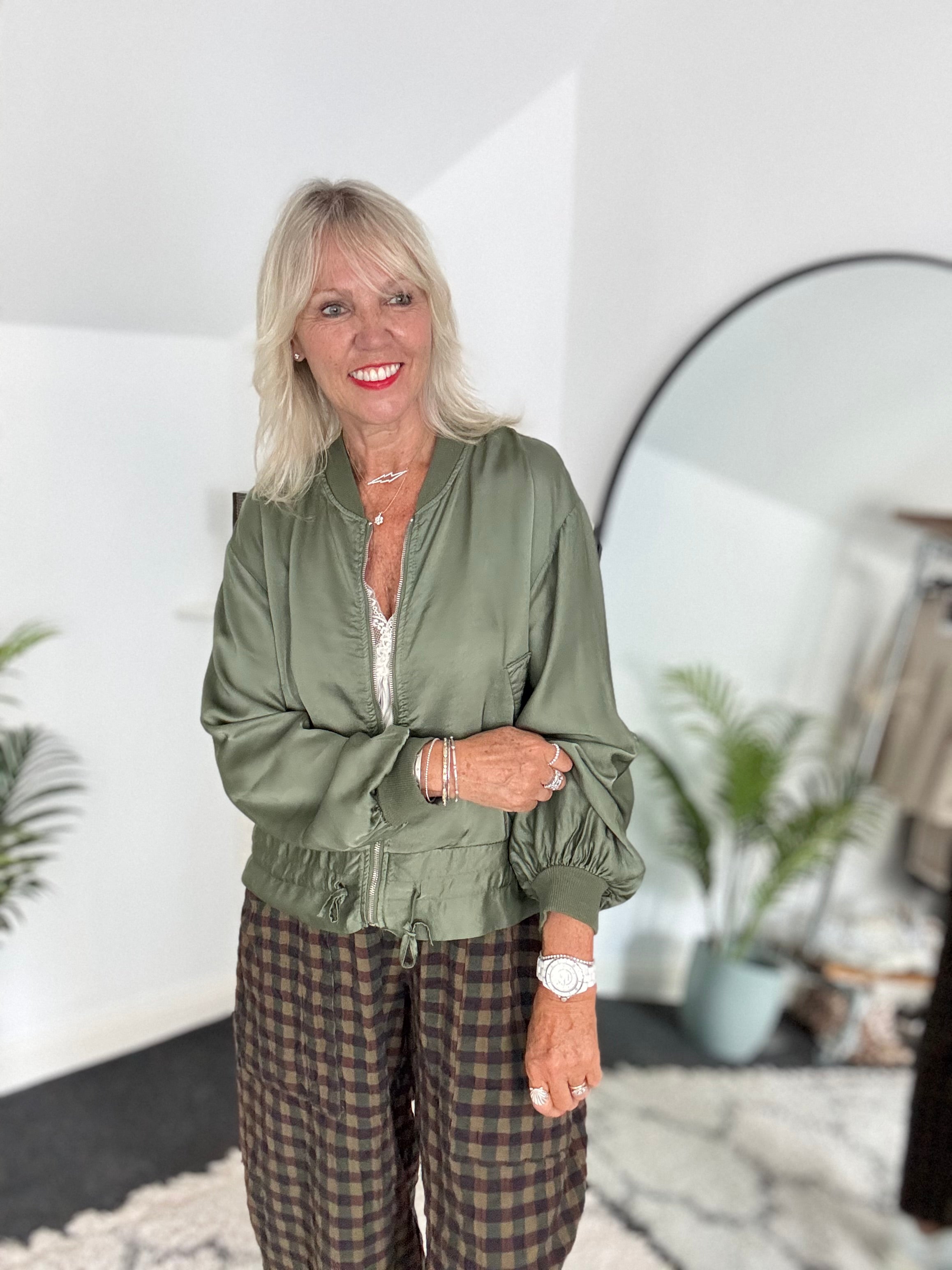 Silky Bomber Jacket in Khaki