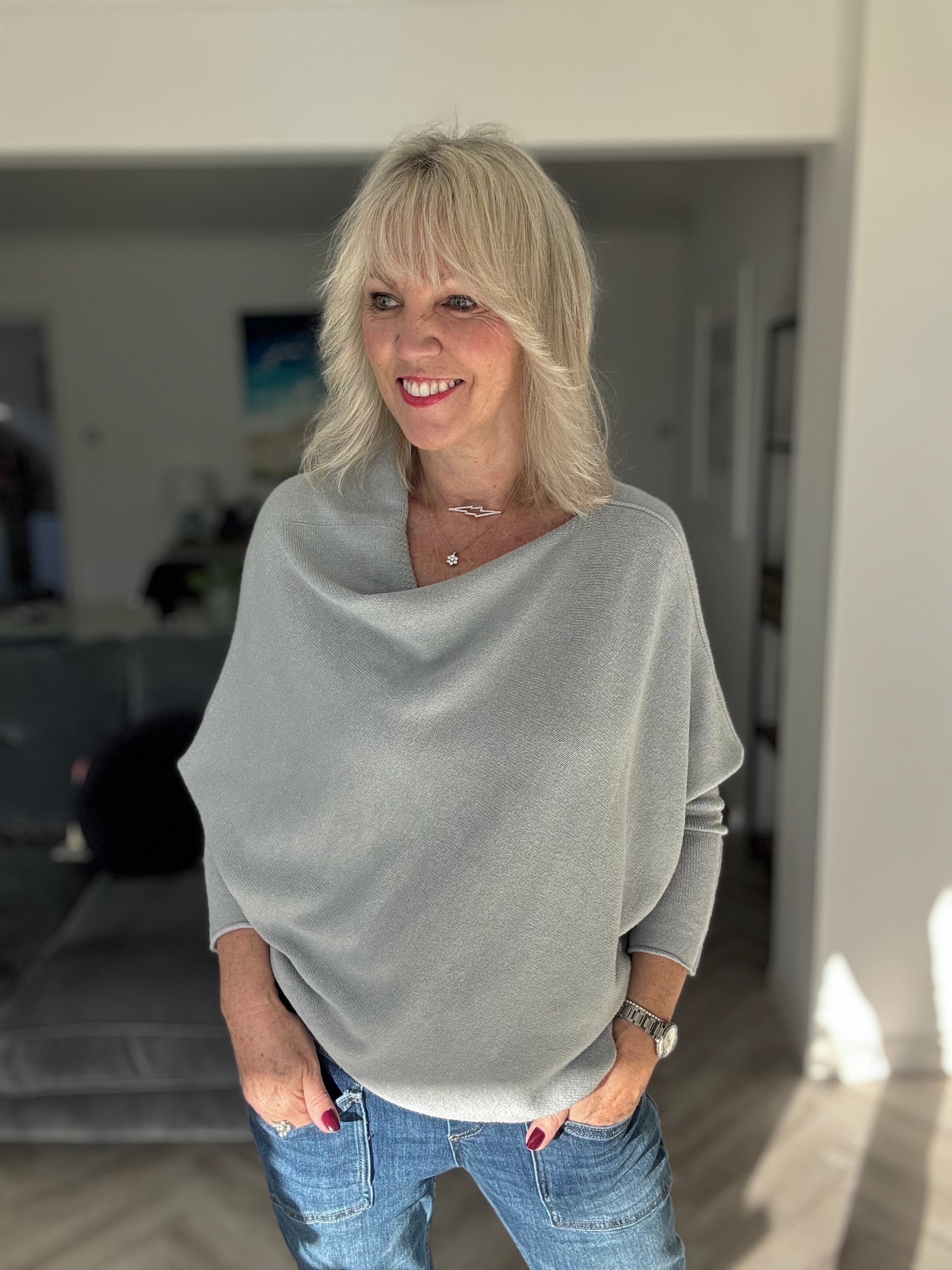 Cowl Neck Asymmetric Jumper in Grey