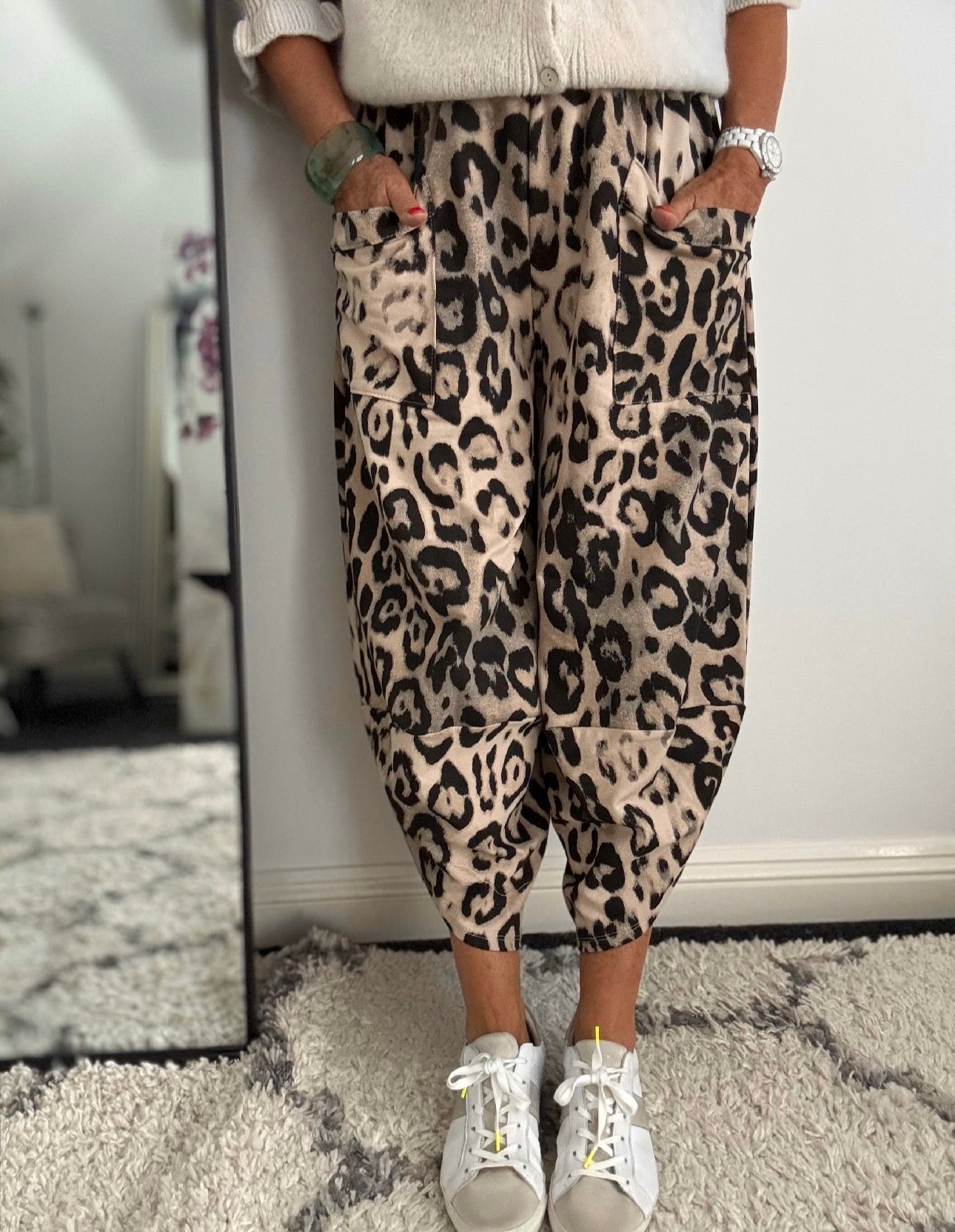 Barrel Stretch Trousers in Stone Leopard