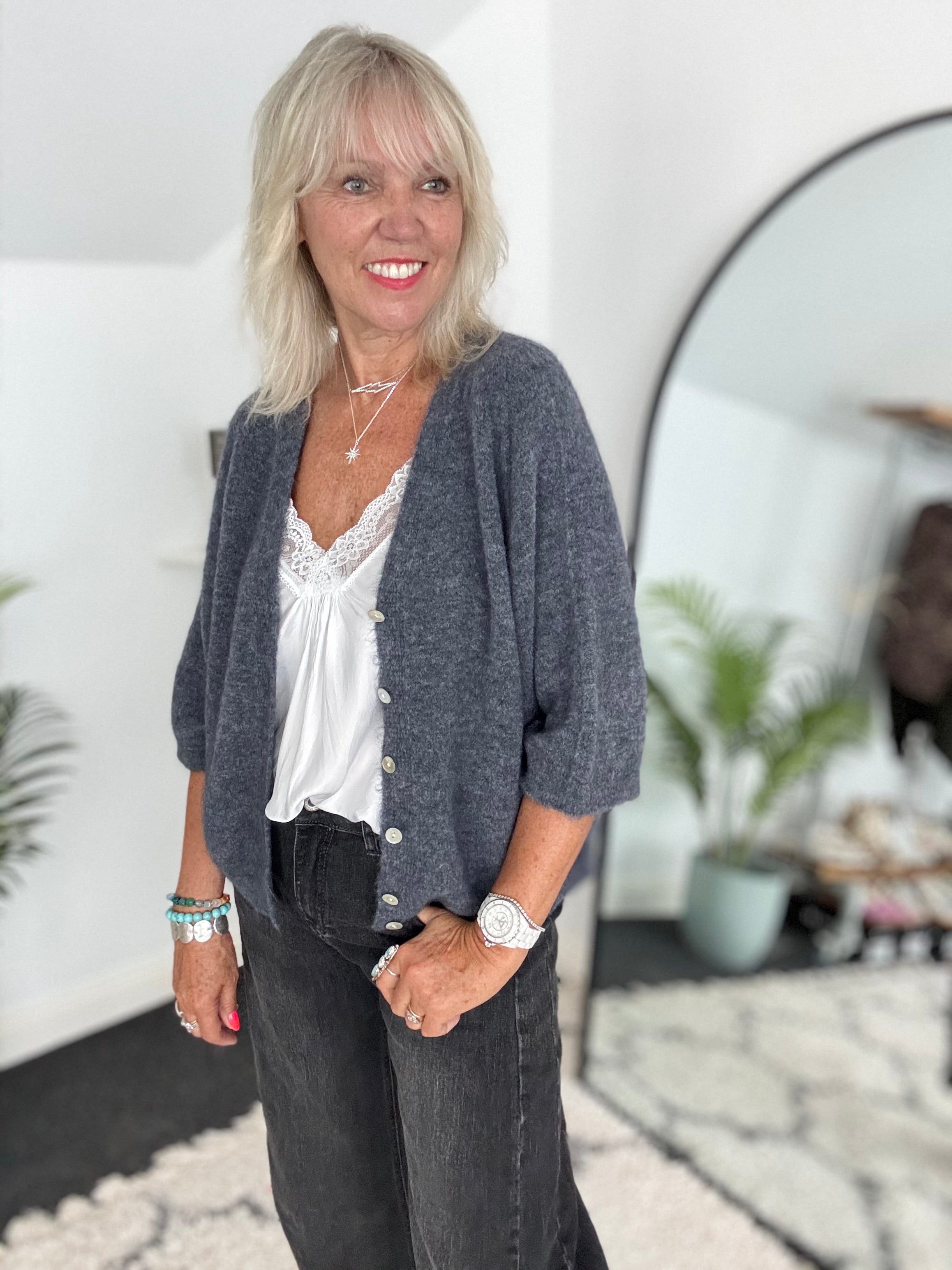 Alpaca Short Sleeve Cardi in Charcoal