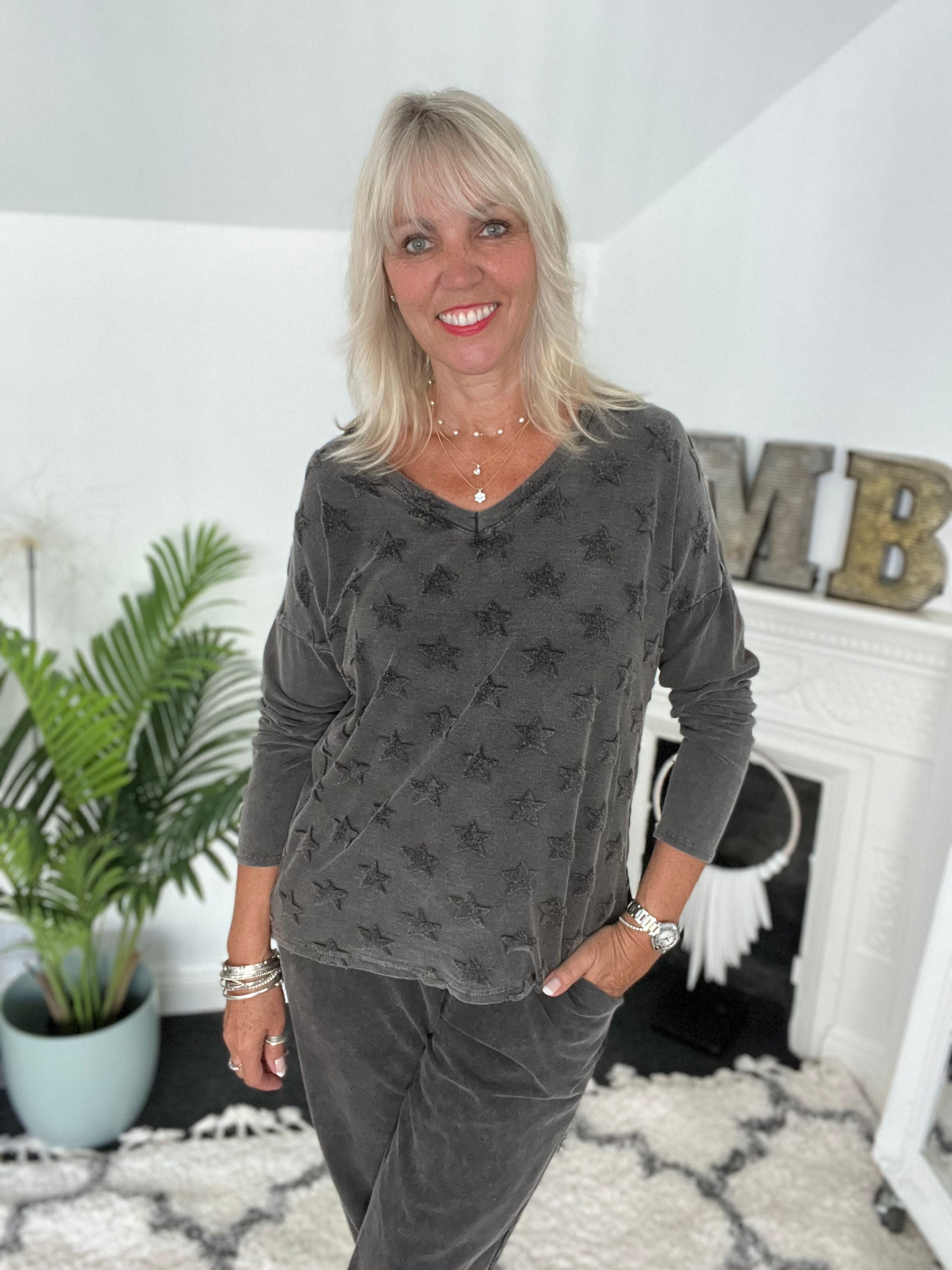 Multi Star Cotton Top in Charcoal