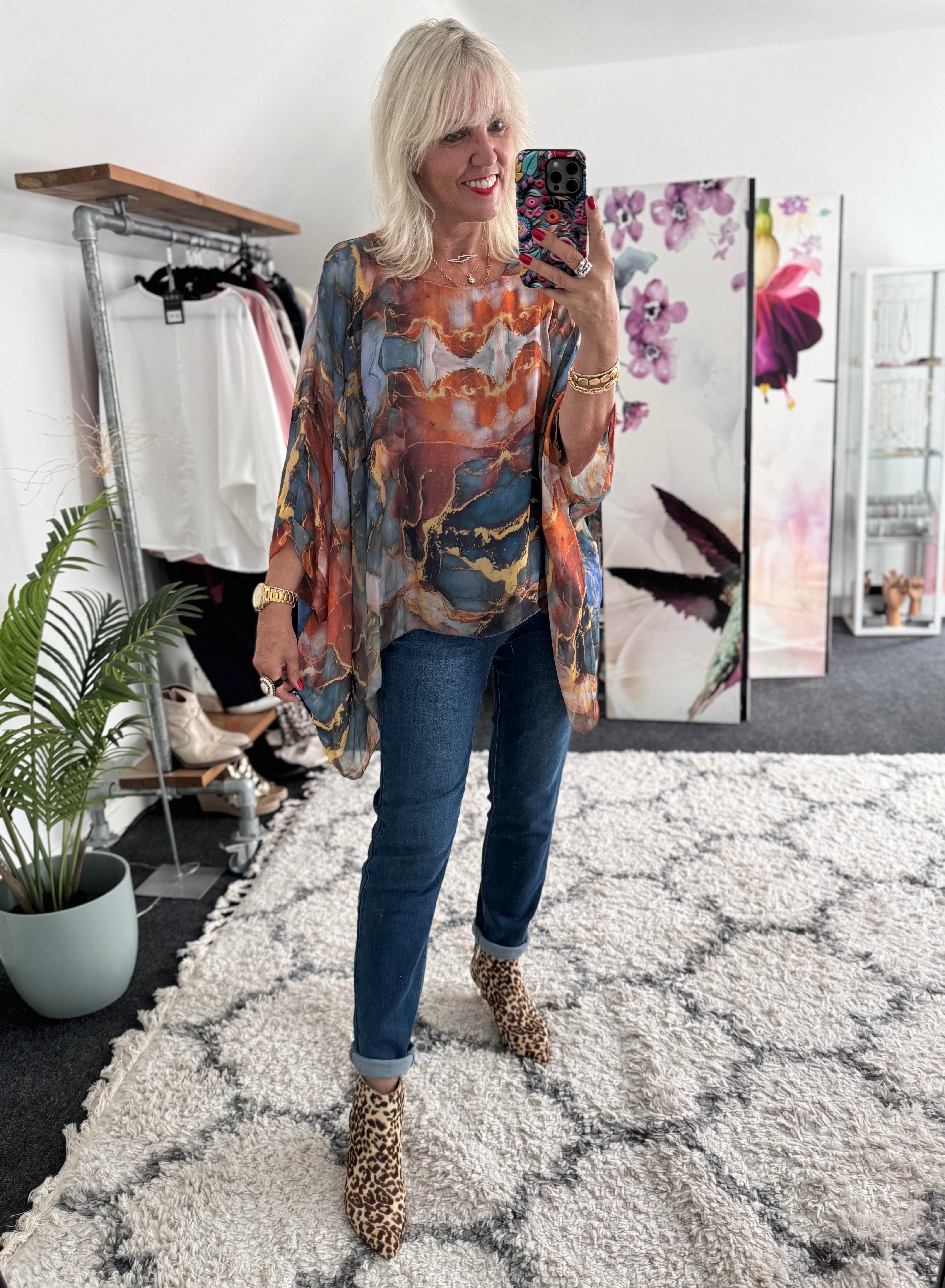 Silk Blouse in Dark Blue & Rust Marble