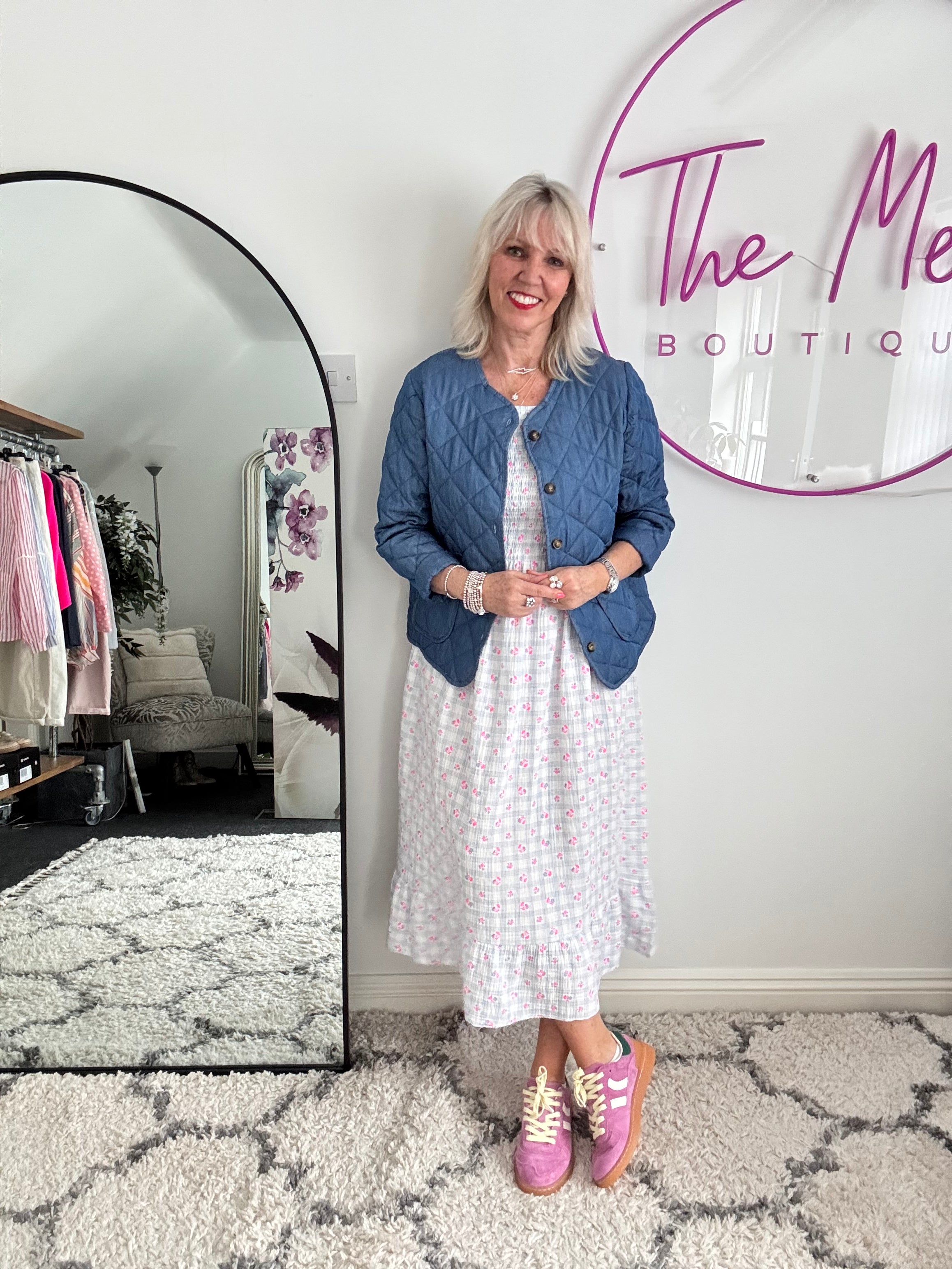 Ditsy Print Dress in Blue & Pink