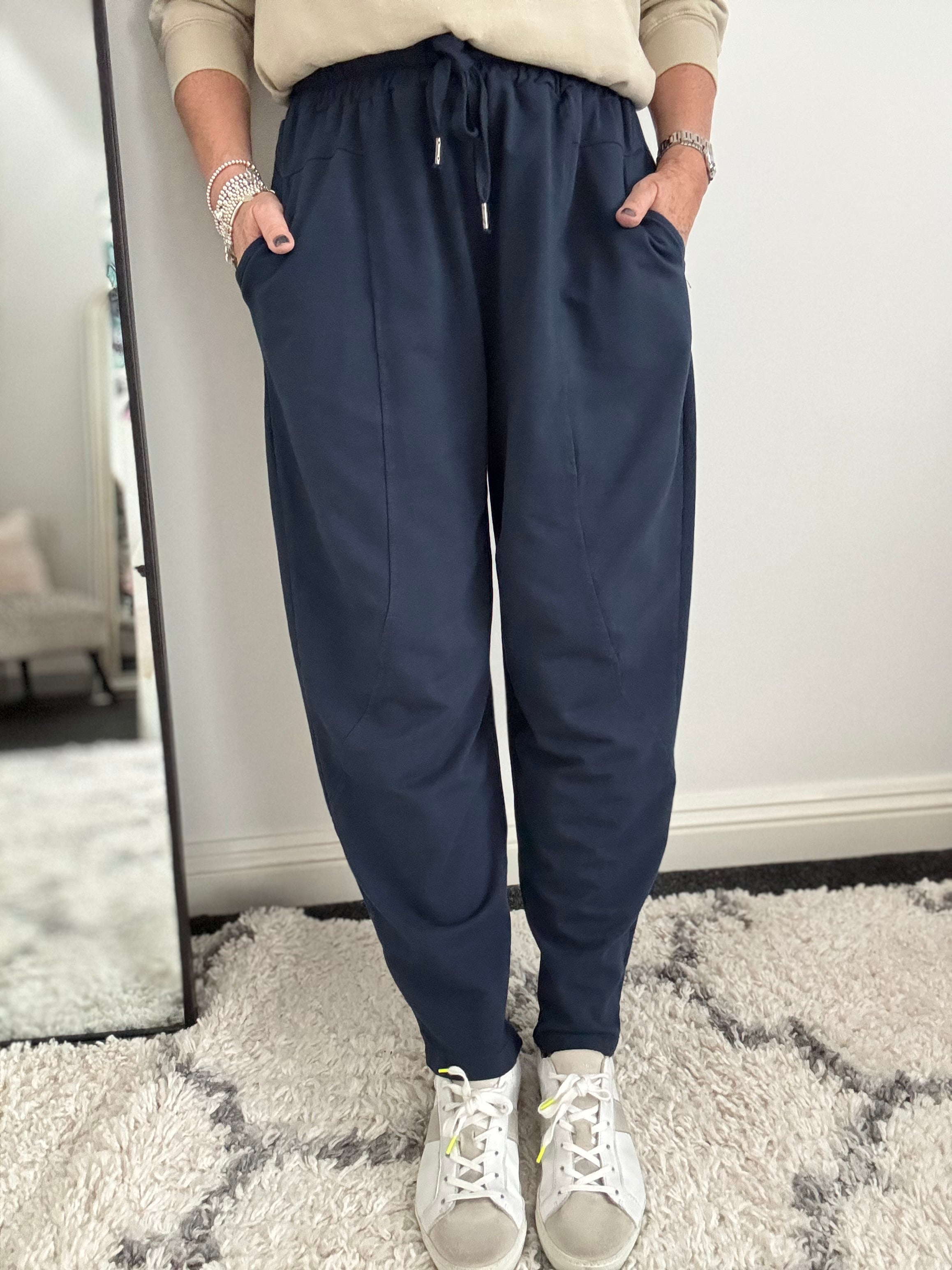 Stretch Jersey Trousers with Topstitching in Navy