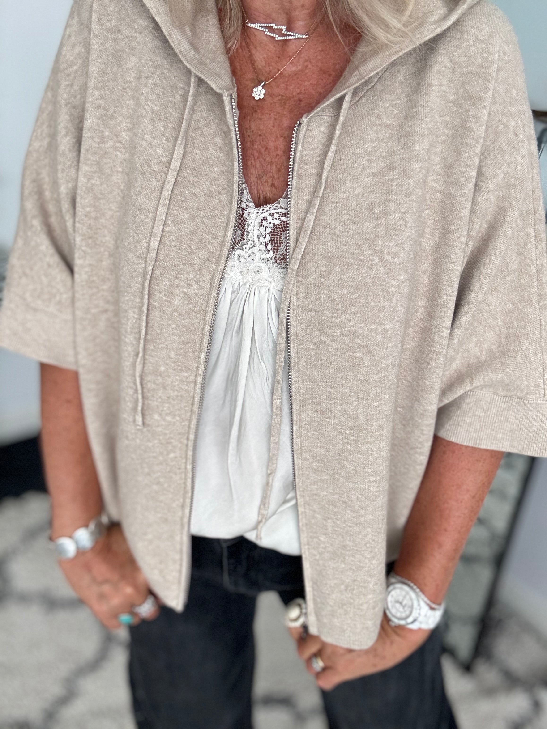 Soft Hooded Zipped Knit in Stone