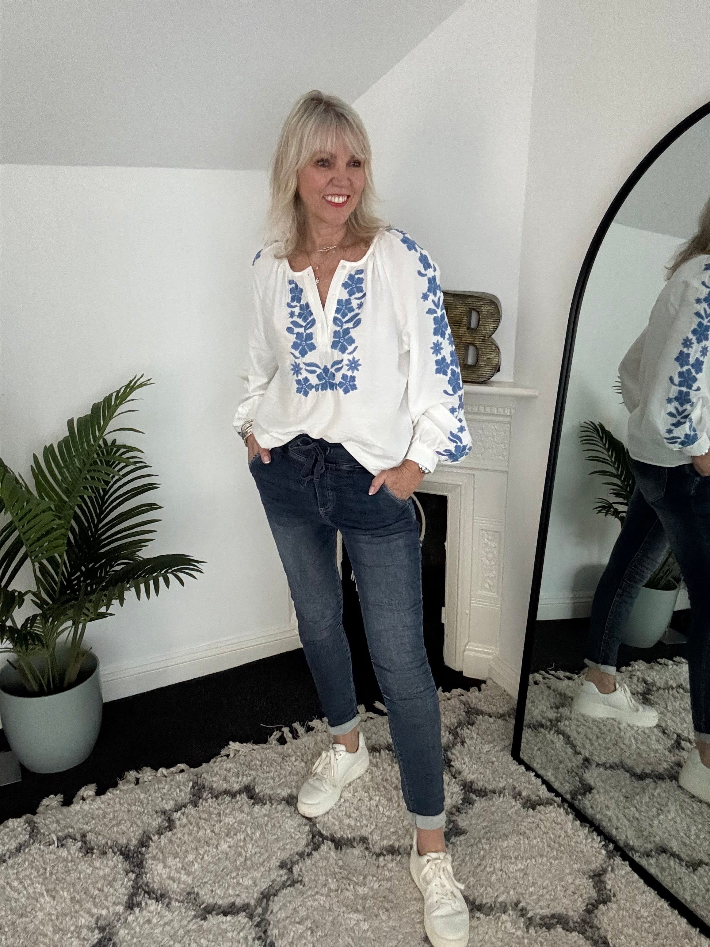 Embroidered Blouse in White & Blue