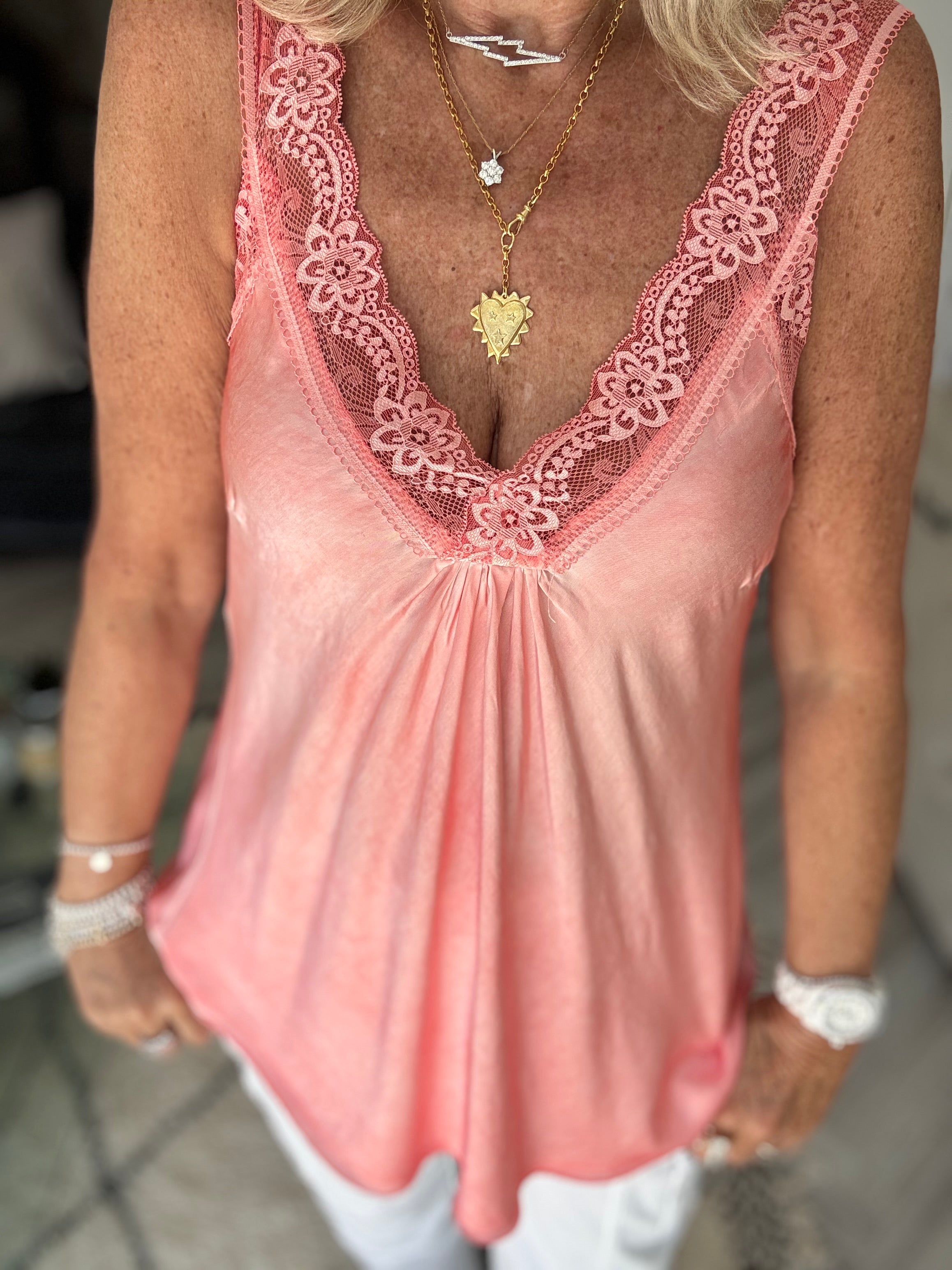 Lace Trim Silk Cami in Coral