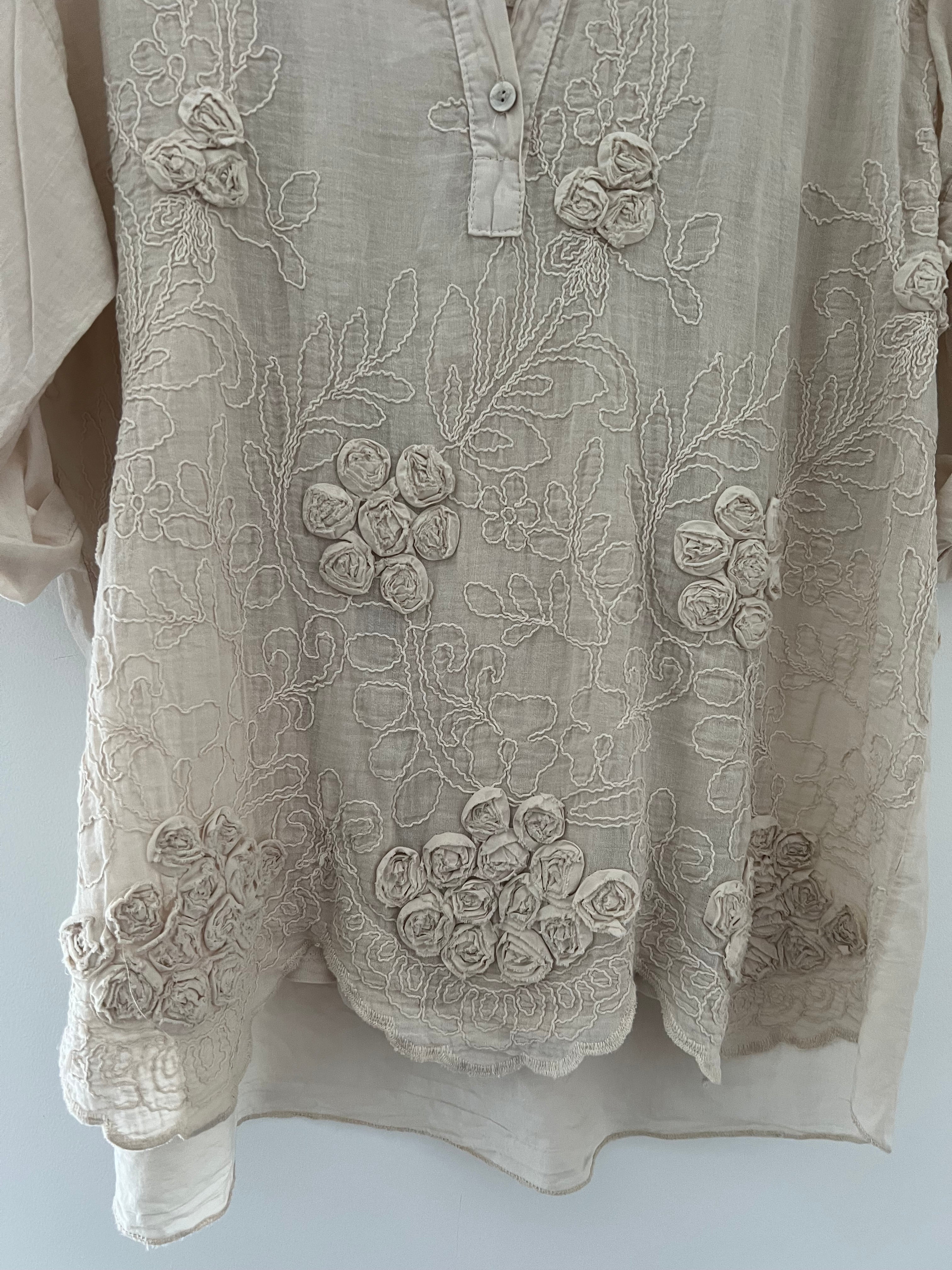 Flower Cotton Shirt & Cami in Stone