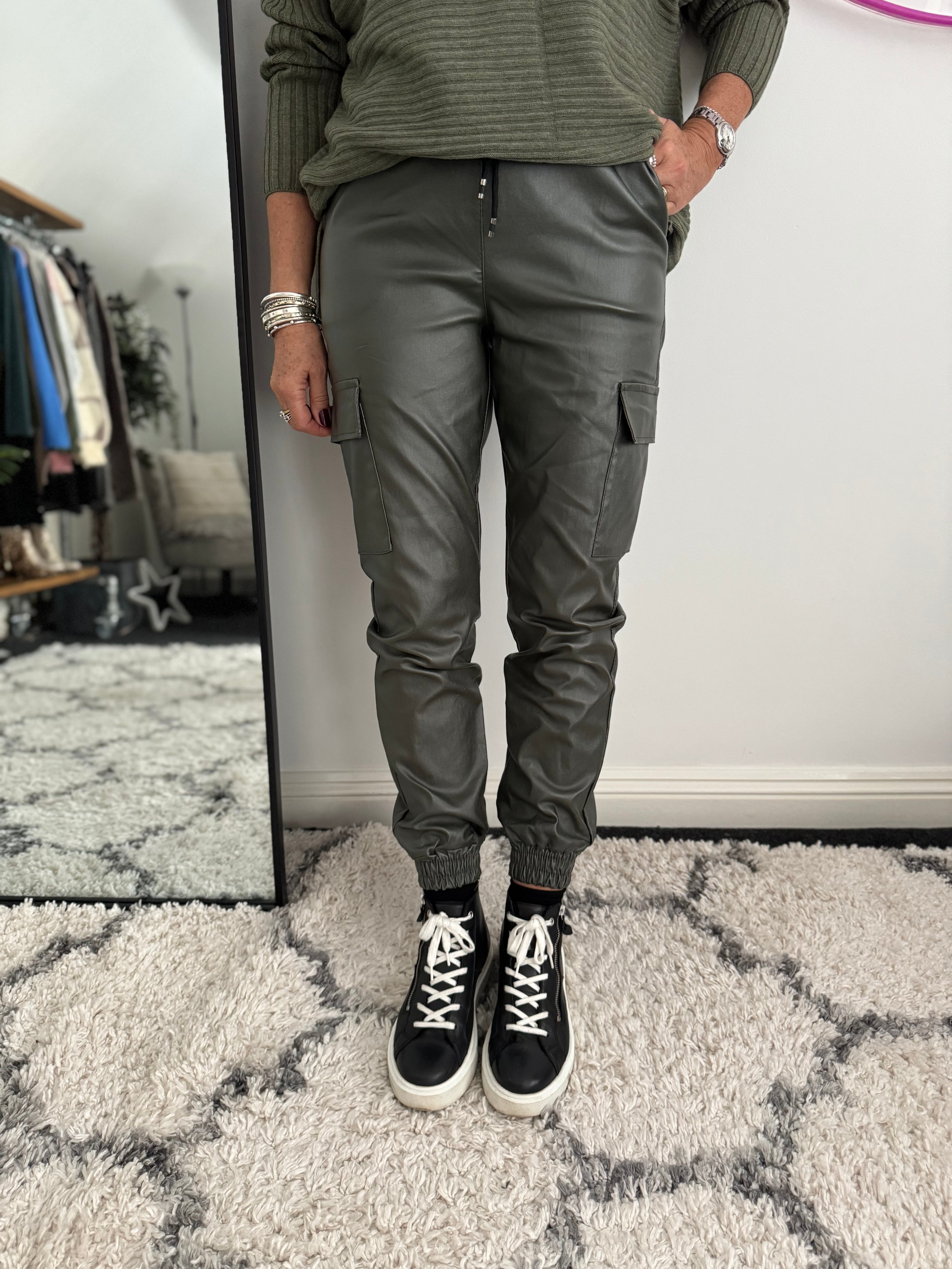 Leather Look Cargo Joggers in Khaki