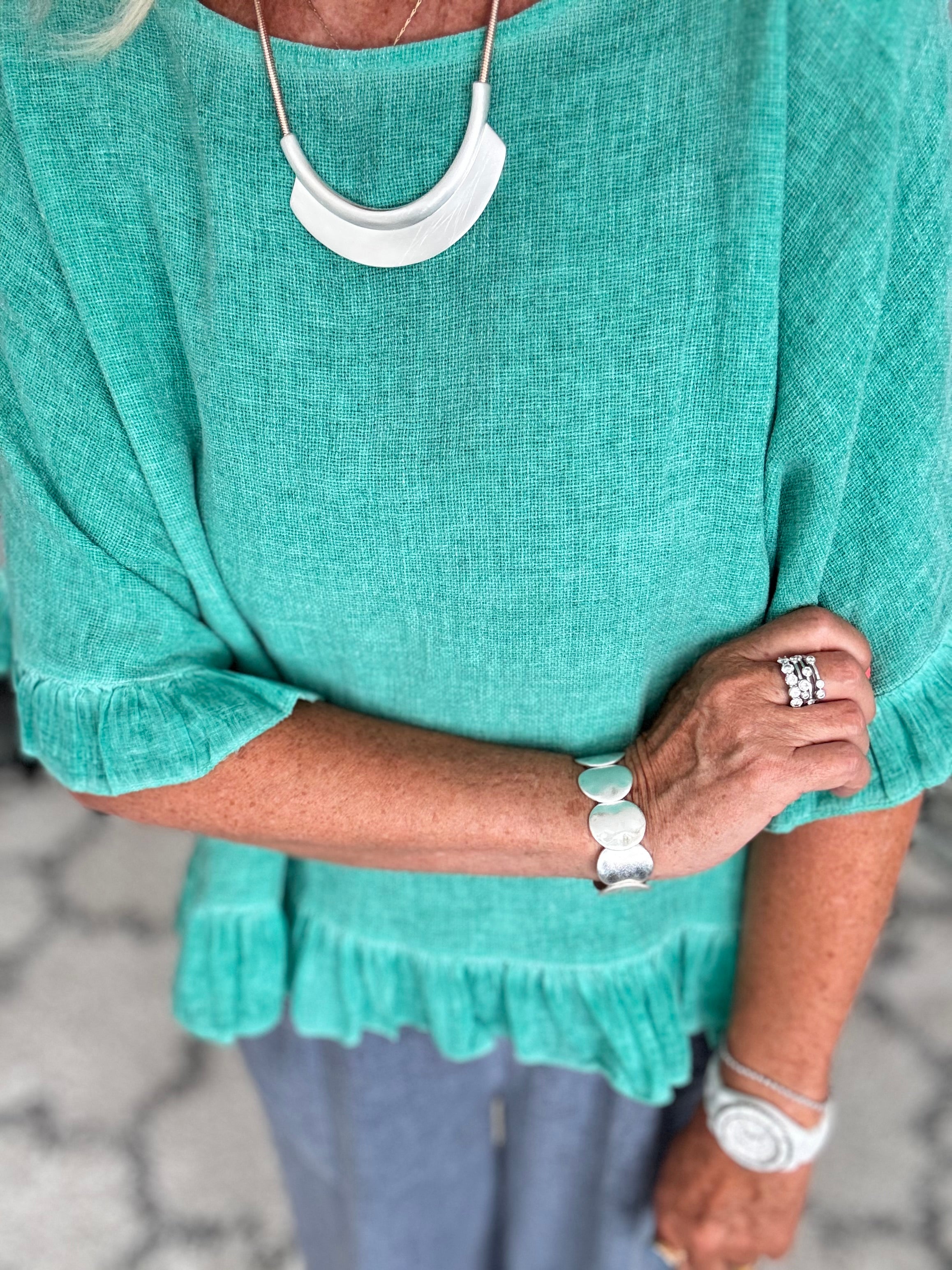 Linen & Cotton Ruffle Edge Top in Ocean Green