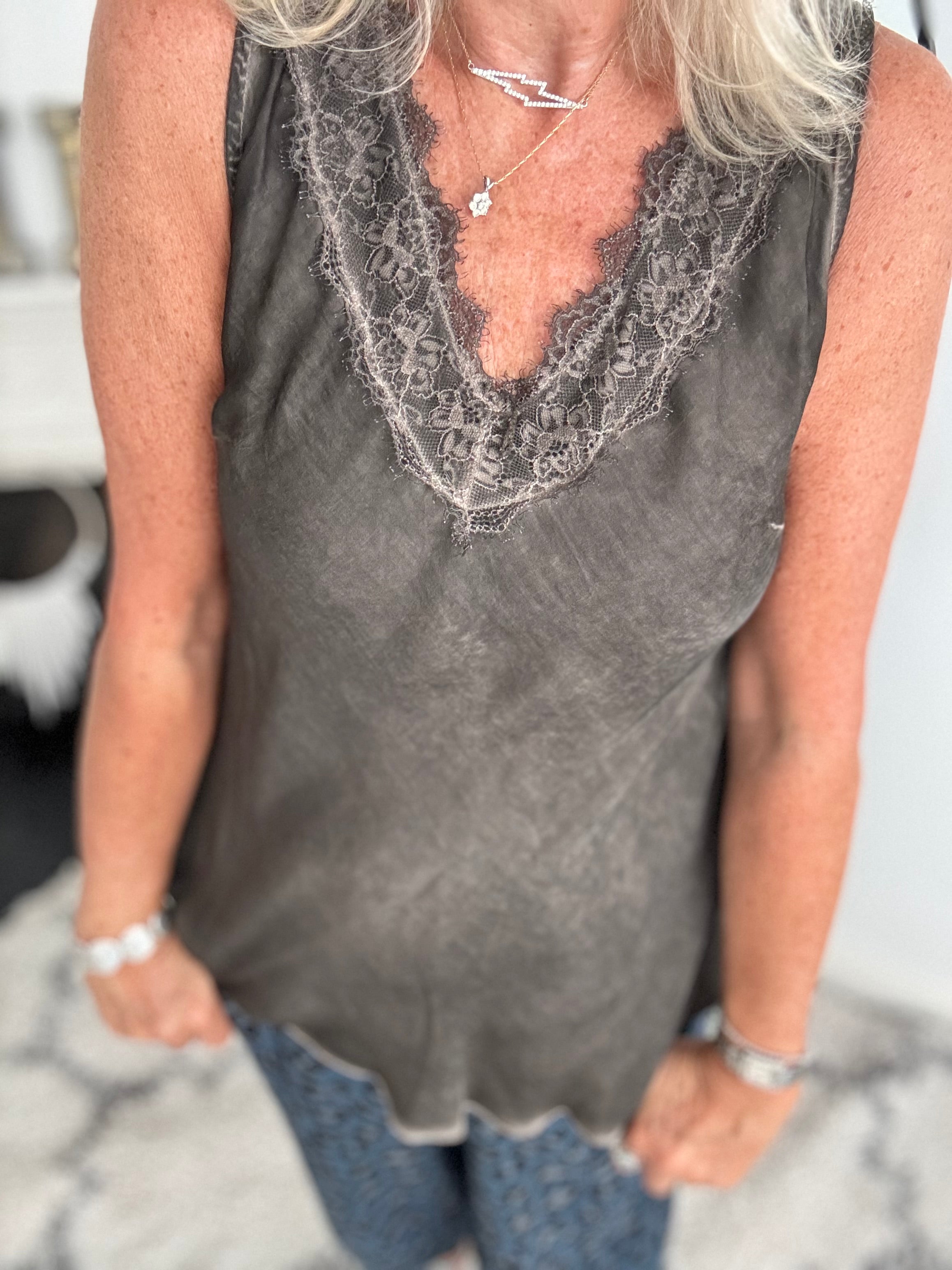 Lace Trim Silk Top in Cocoa