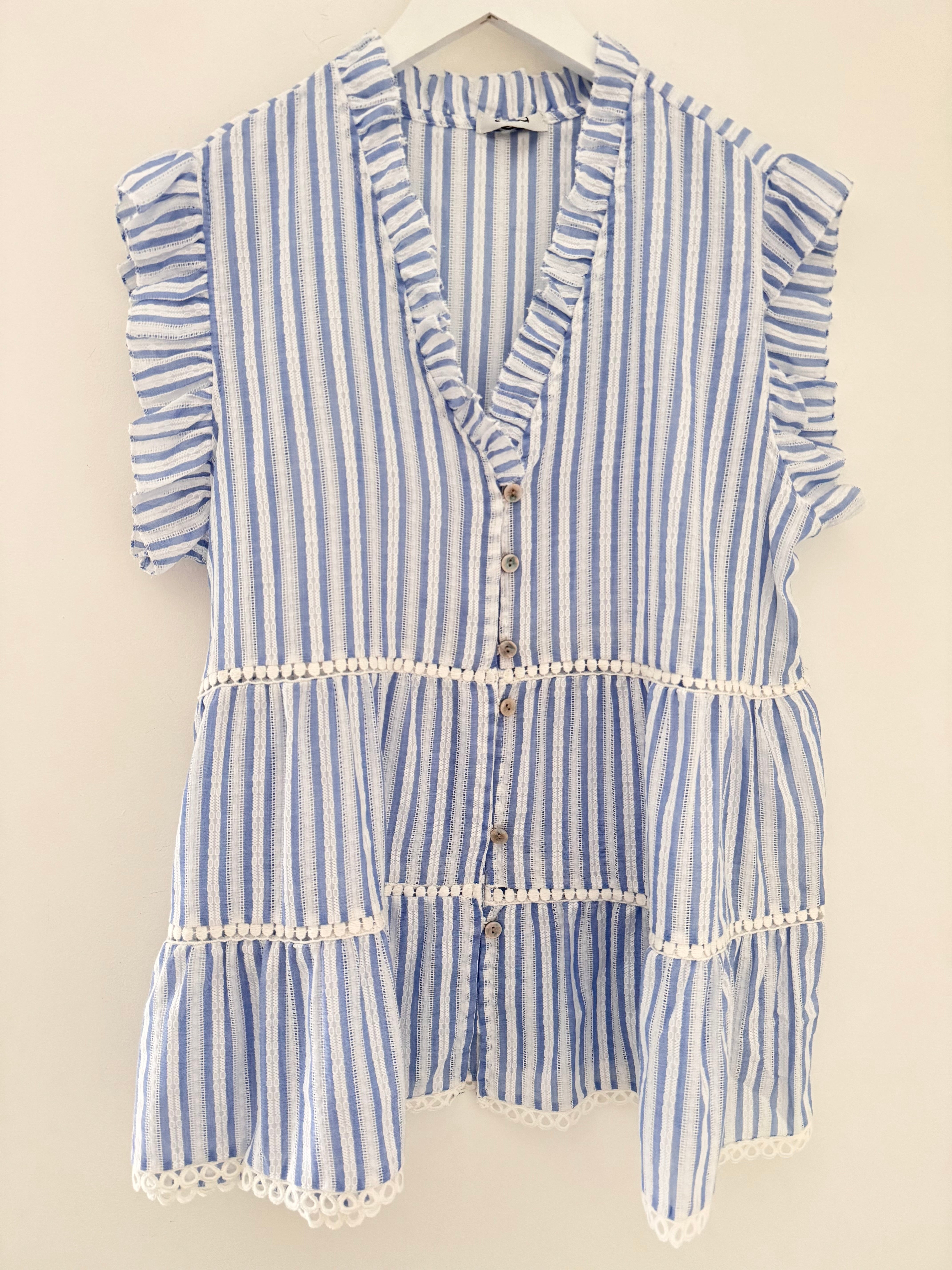 Tiered Cotton Top in Blue & White Stripe