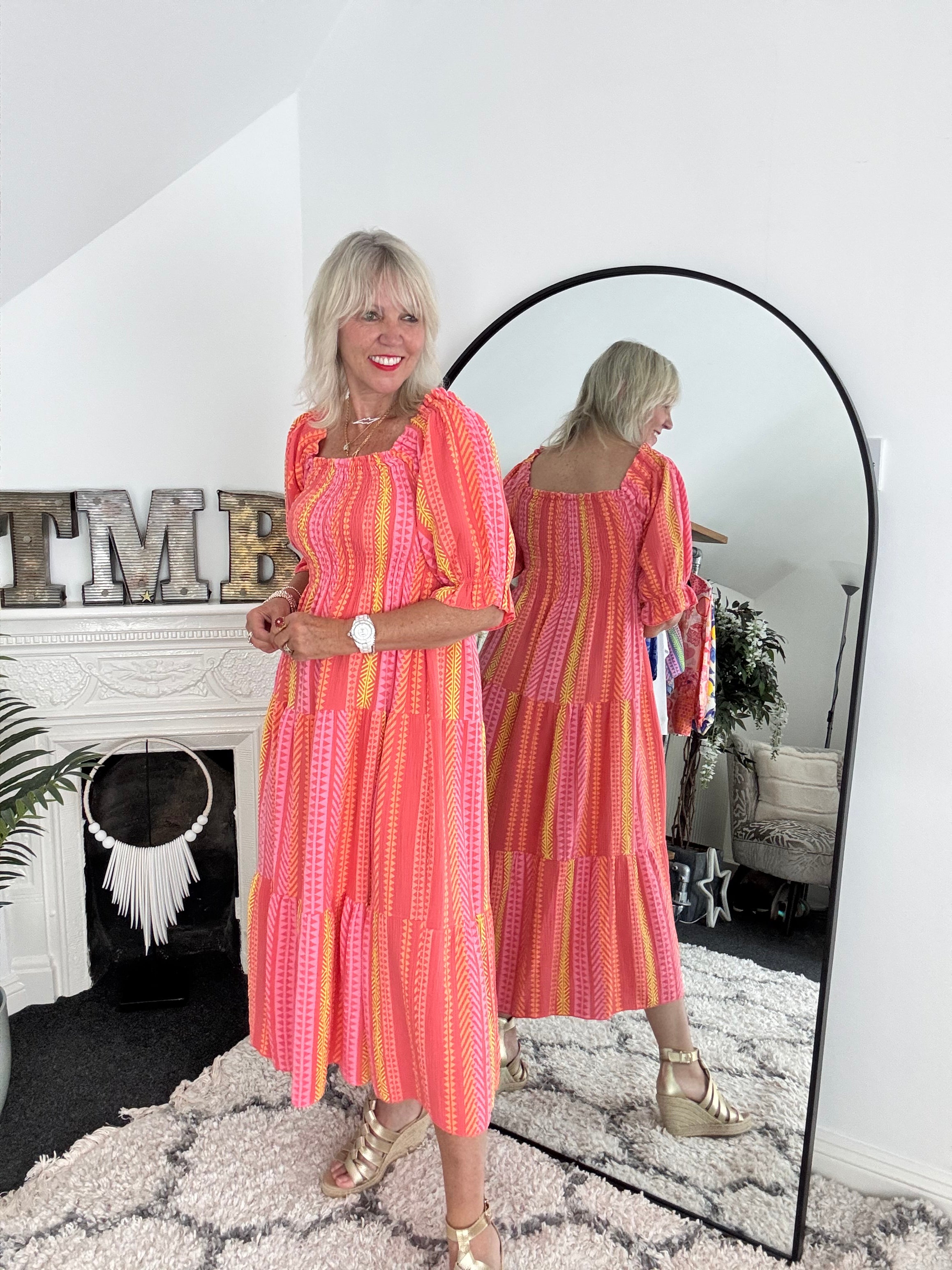 Aztec Shirred Midi Dress in Coral & Citrus