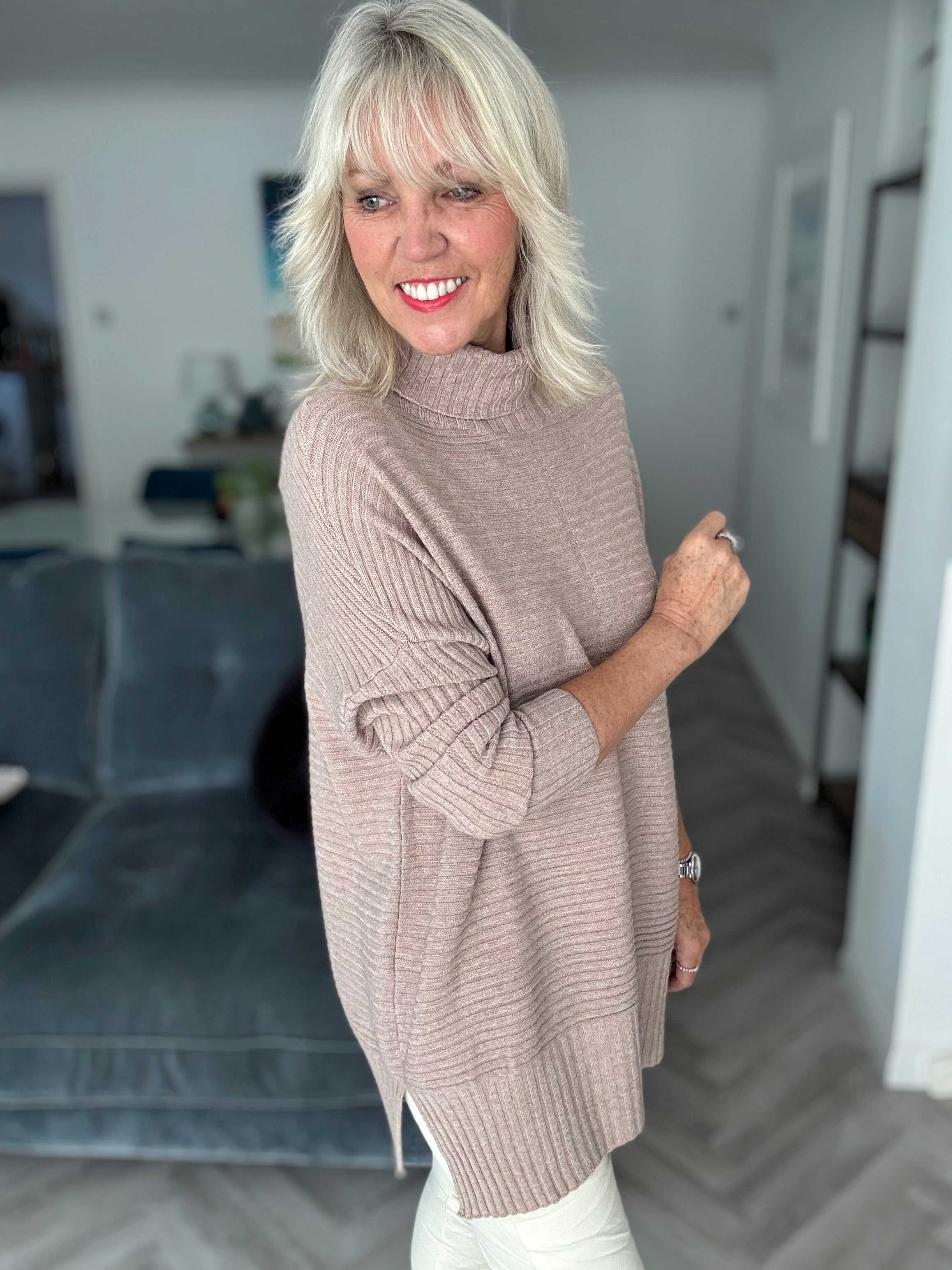 Ribbed Roll Neck Poncho Jumper in Mocha