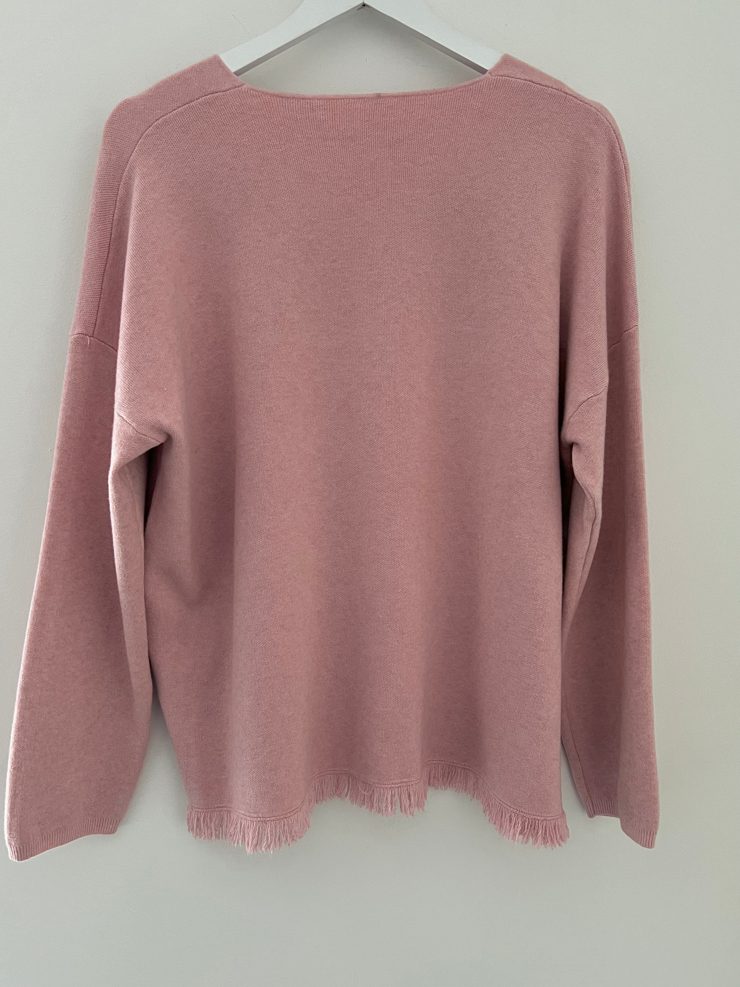 V Neck Fringe Sweater in Soft Pink