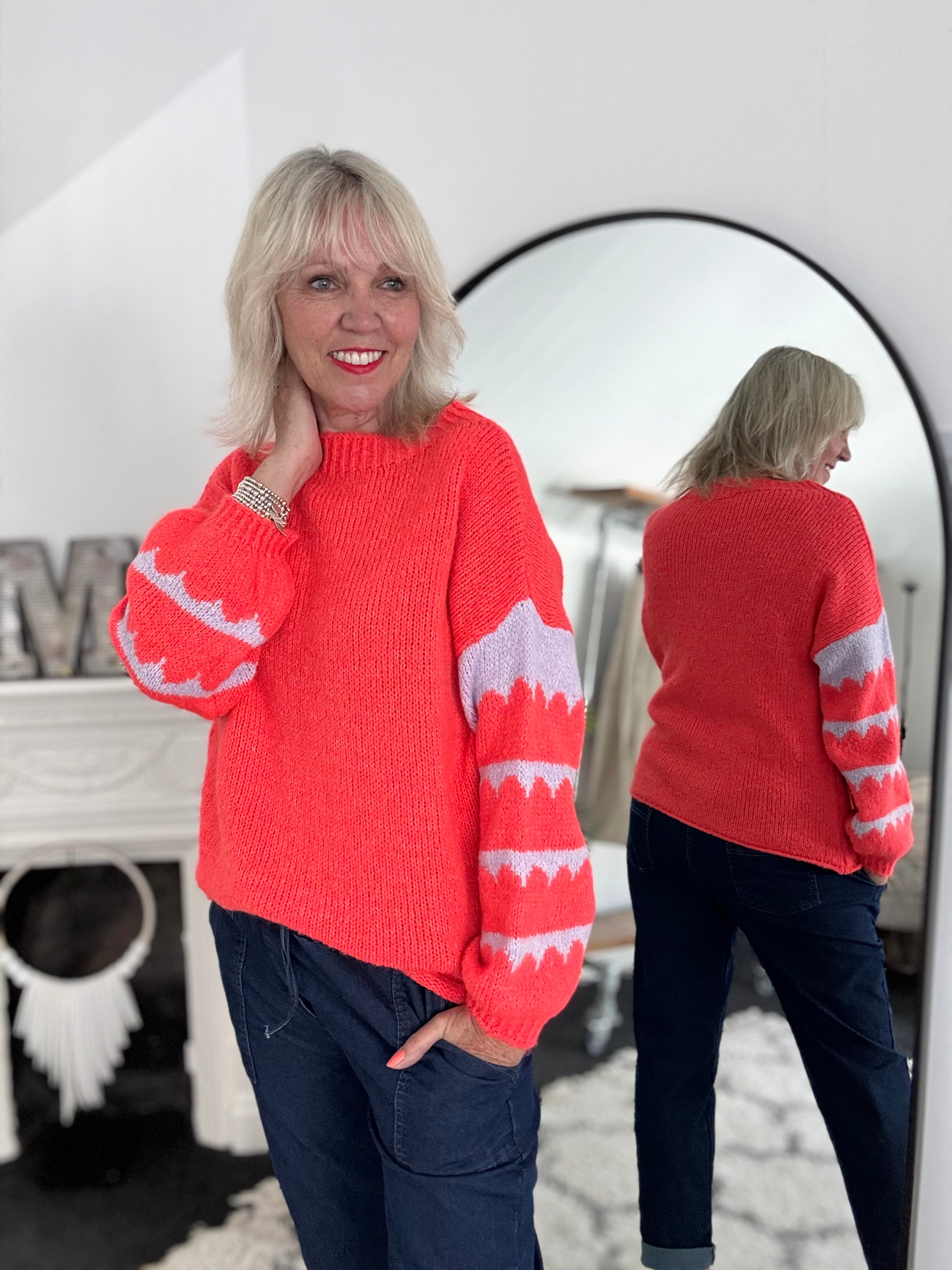 Coral Jumper with Stripe Lilac Sleeves