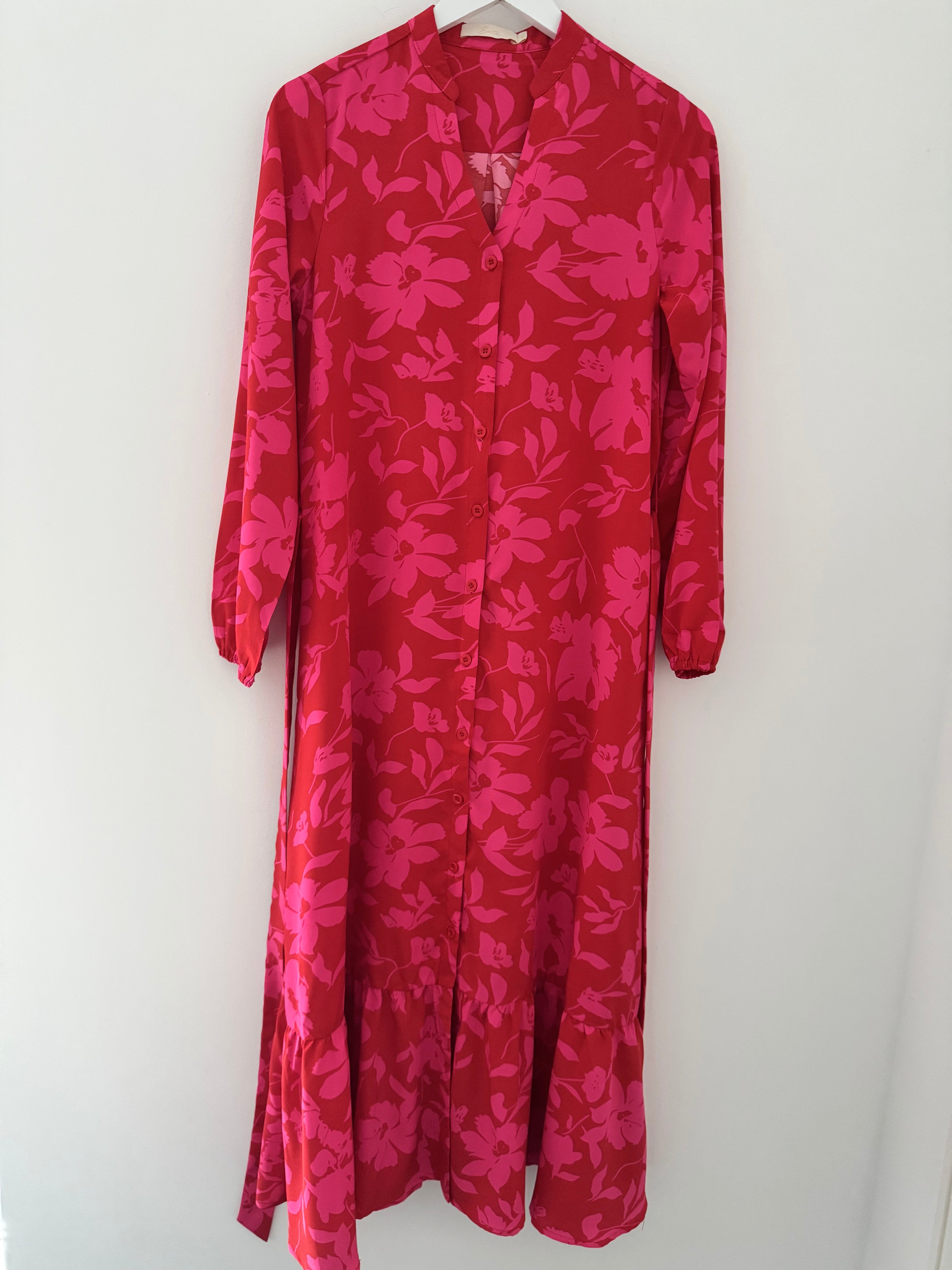 Premium Tropical Print Dress in Red & Pink