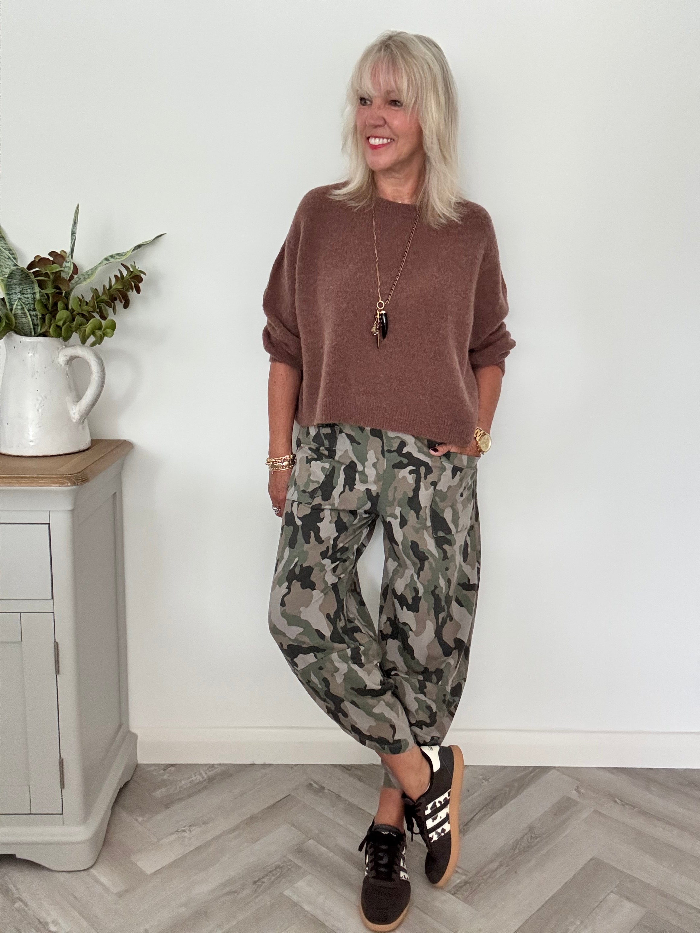 Barrel Cotton Jersey Trousers in Pale Mocha Camo