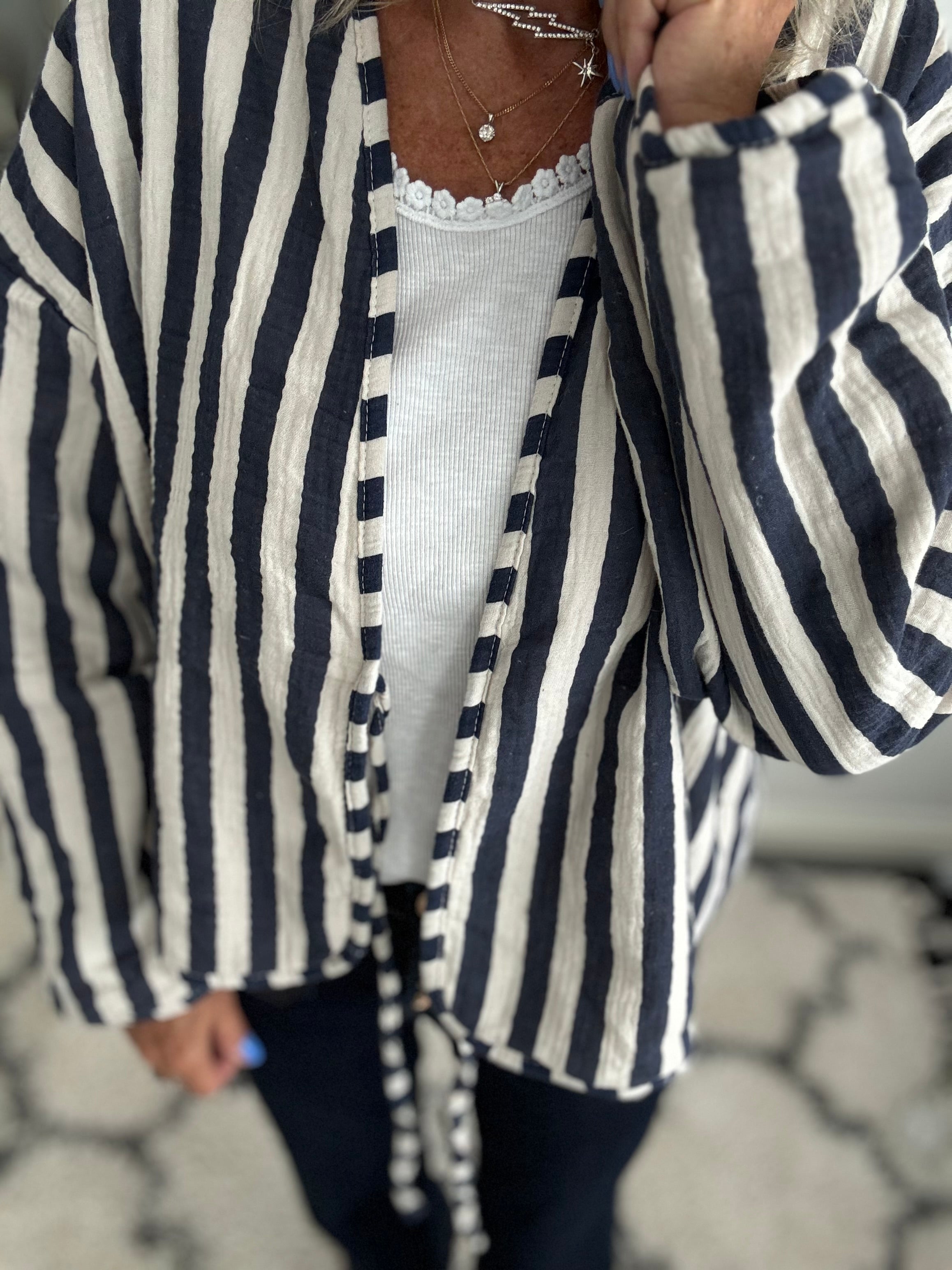 Quilted Stripe Jacket in Blue & Ecru