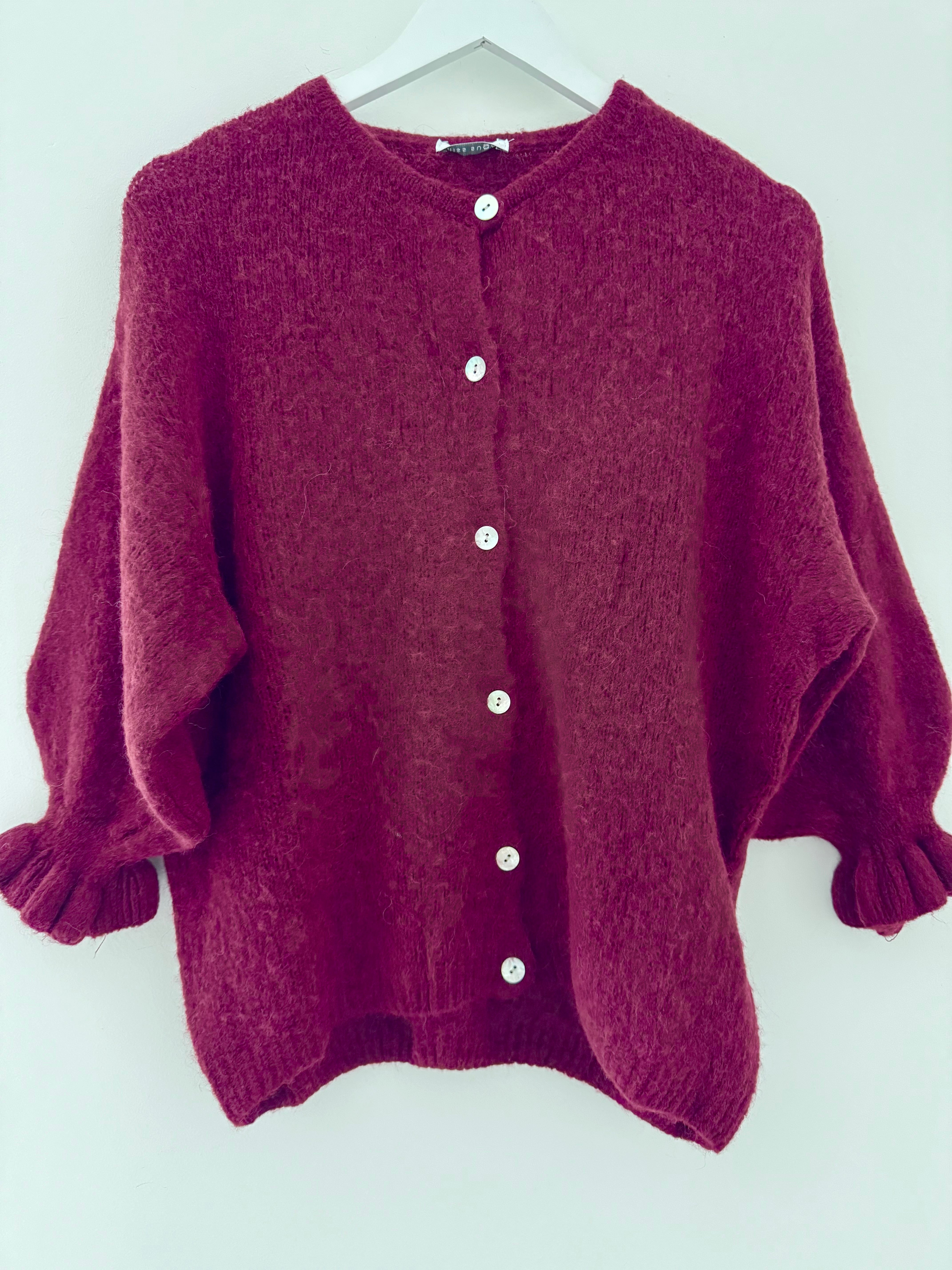 Alpaca Cardi with Frill Cuffs in Wine