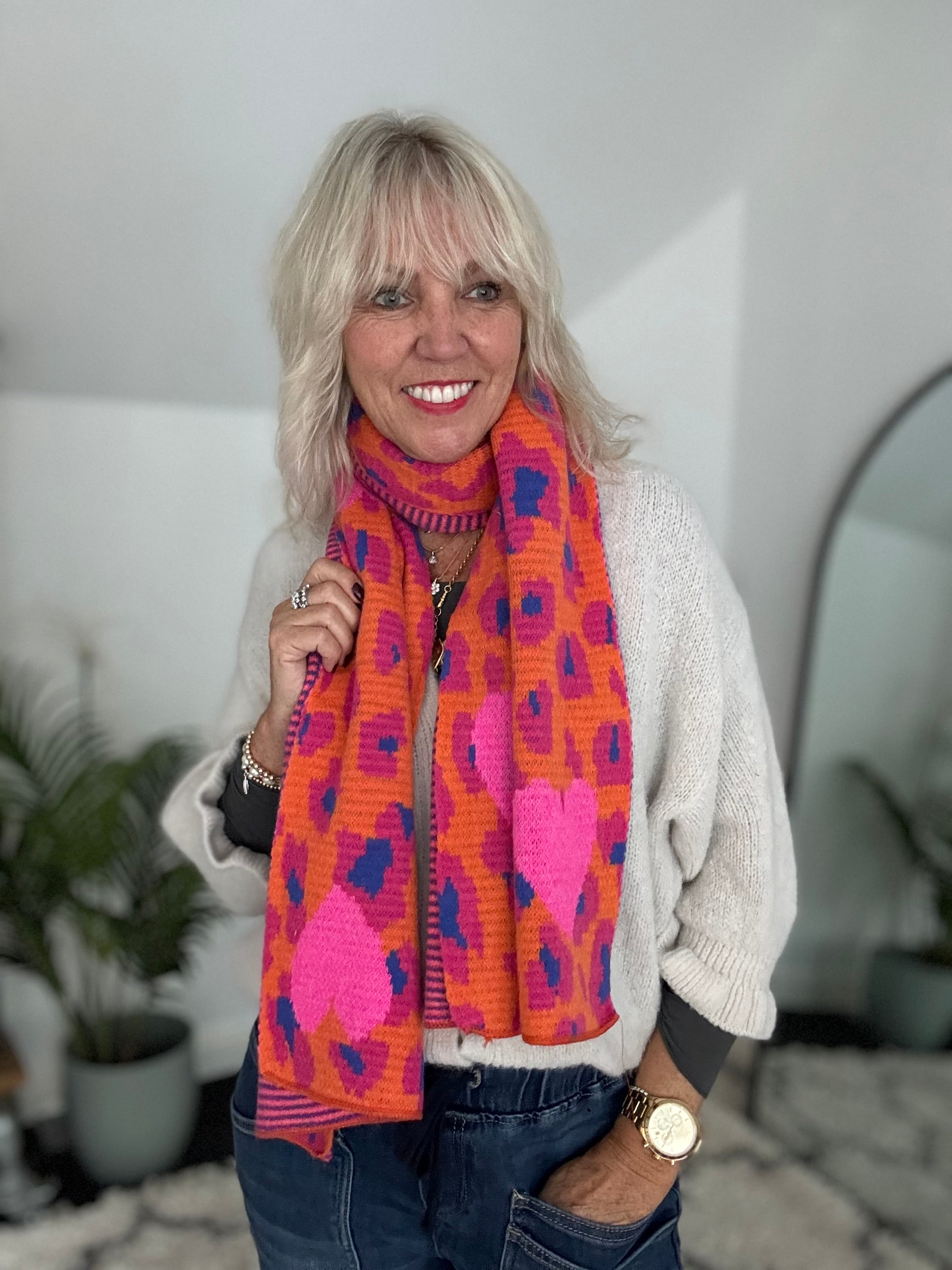 Leopard Reversible Scarf with Hearts & Stripes in Pink