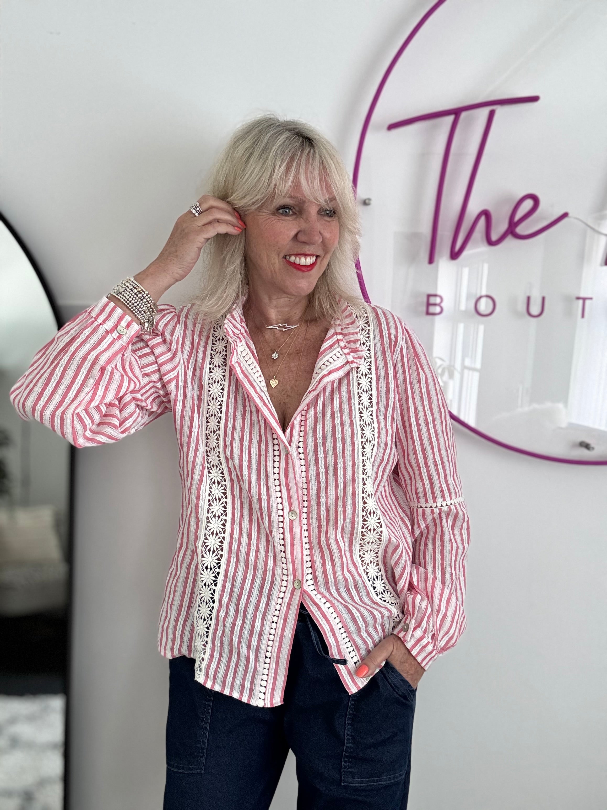 Cotton & Lace Shirt in Coral Pink & White