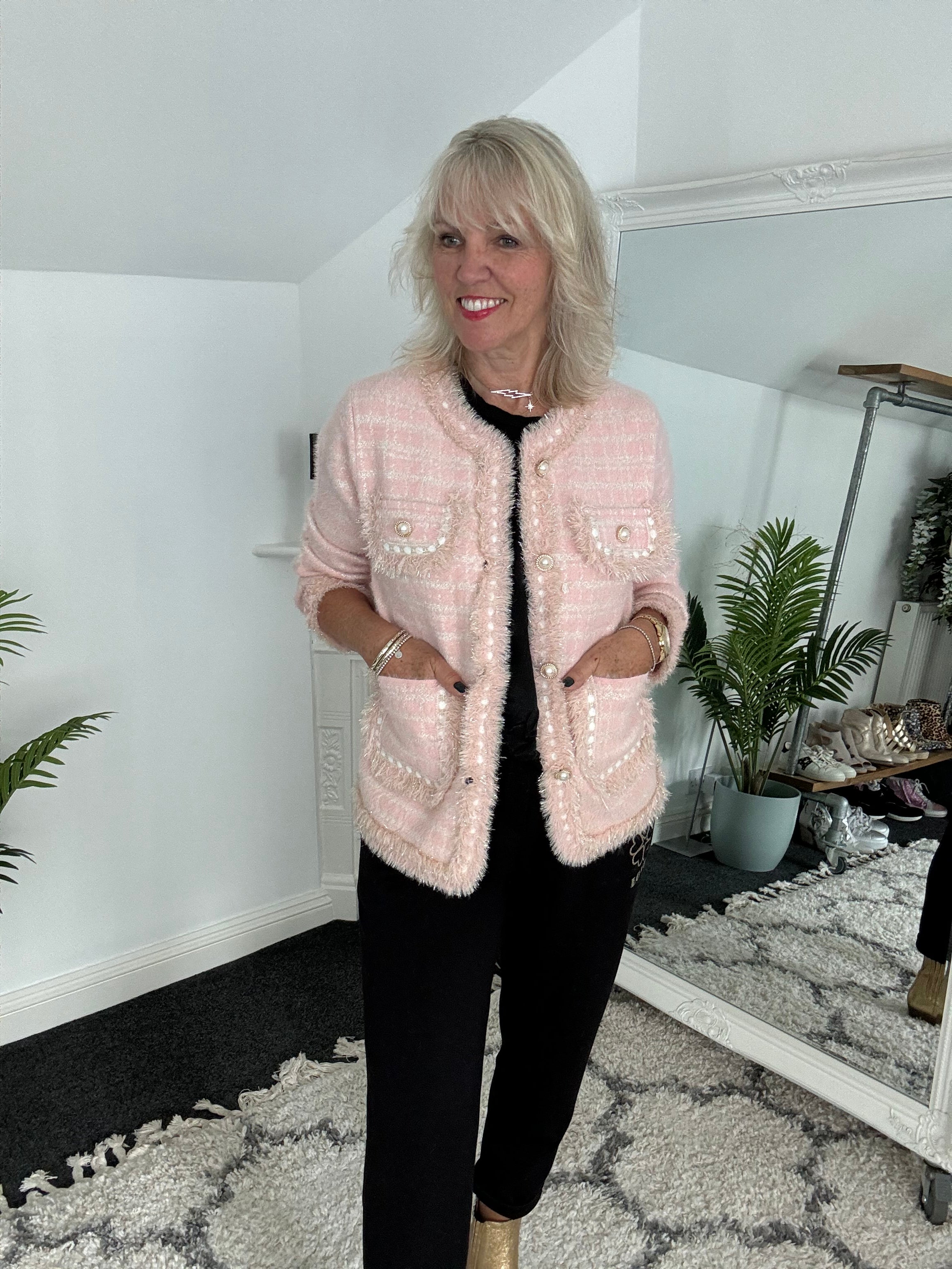 Pearl Button & Tweed Cardi Jacket in Pink