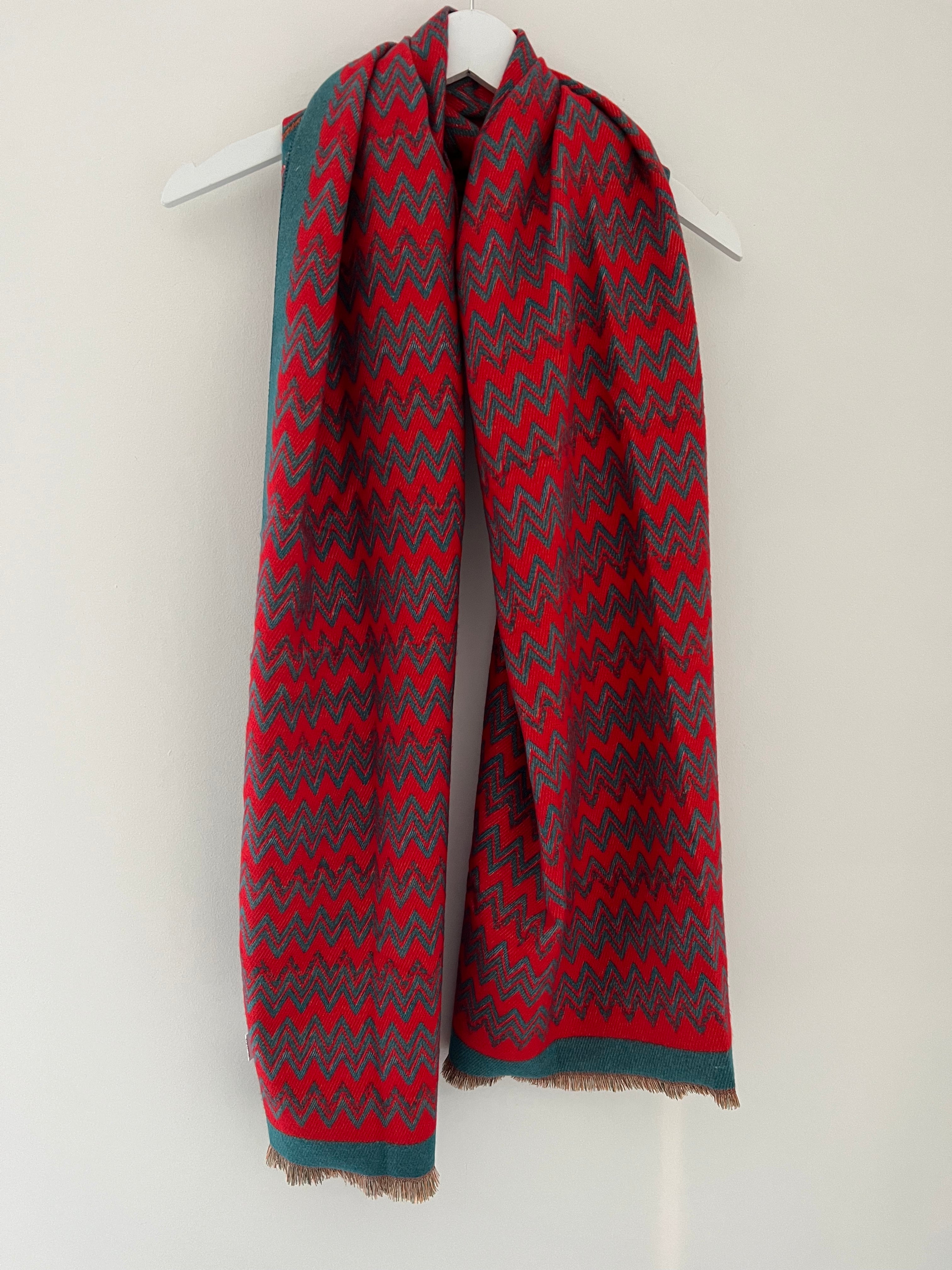 Teal & Red Zig Zag Knitted Scarf