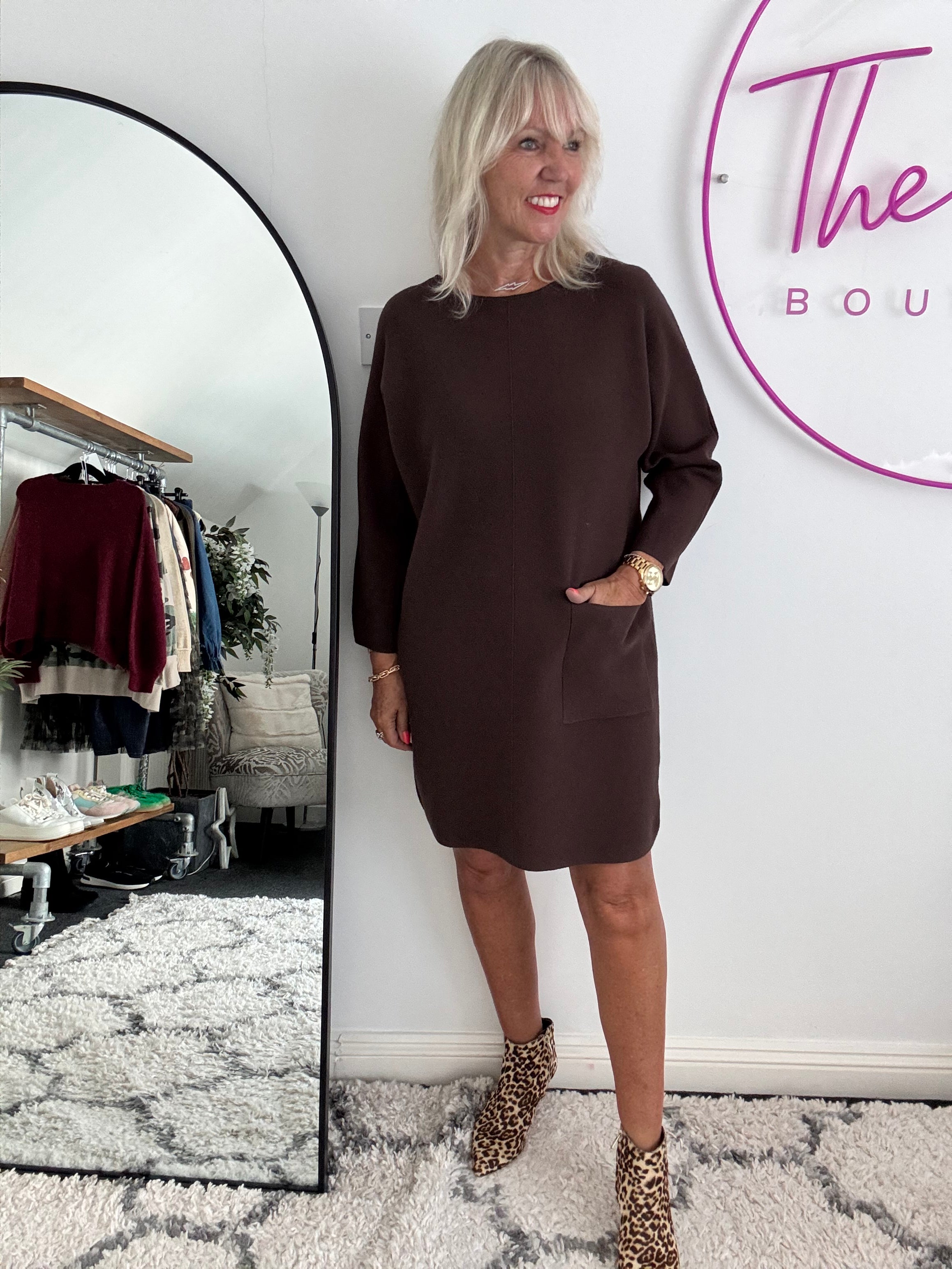 Luxe Knitted Pocket Dress in Chocolate