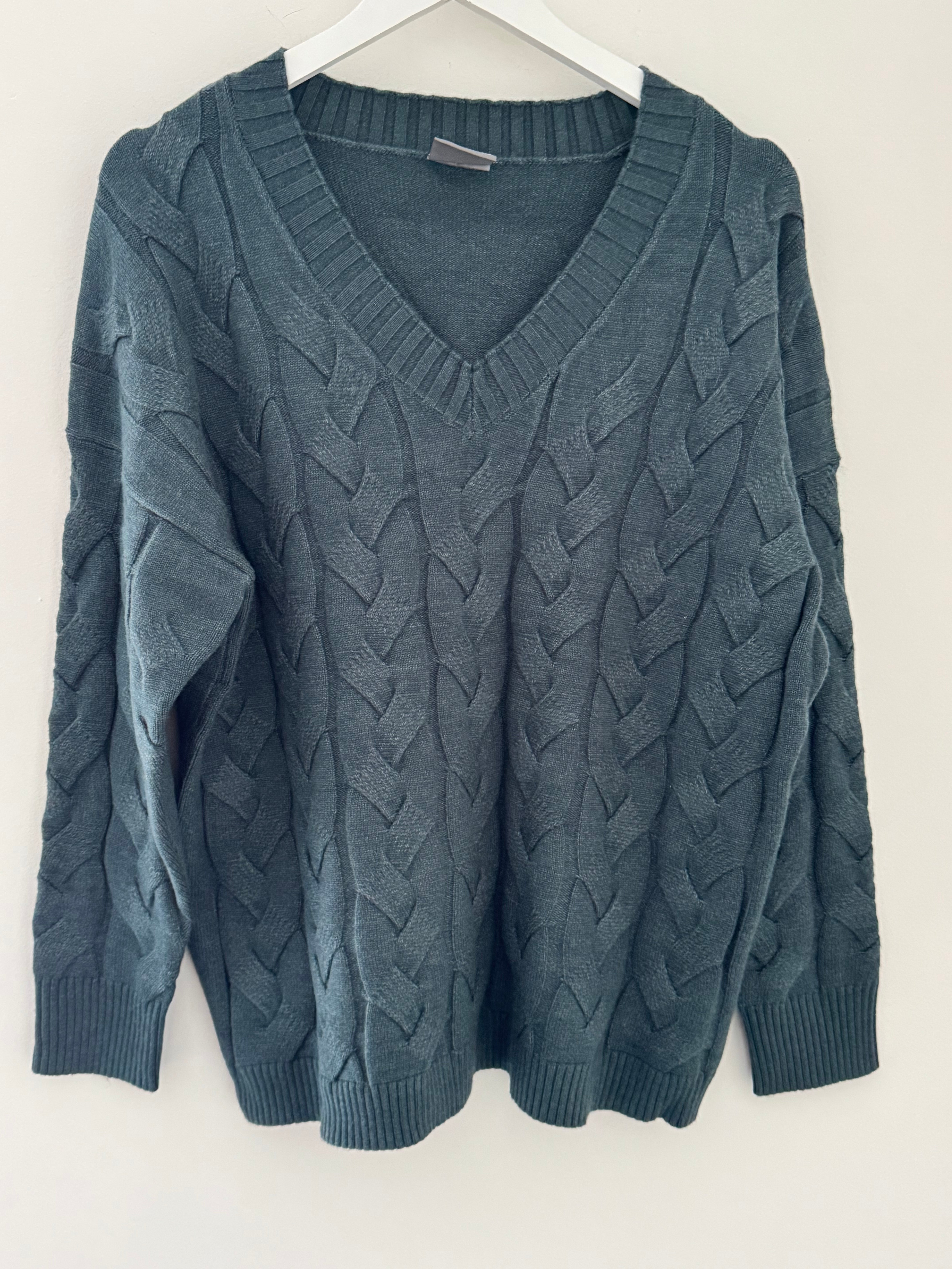 V Neck Cable Jumper in Sea Green