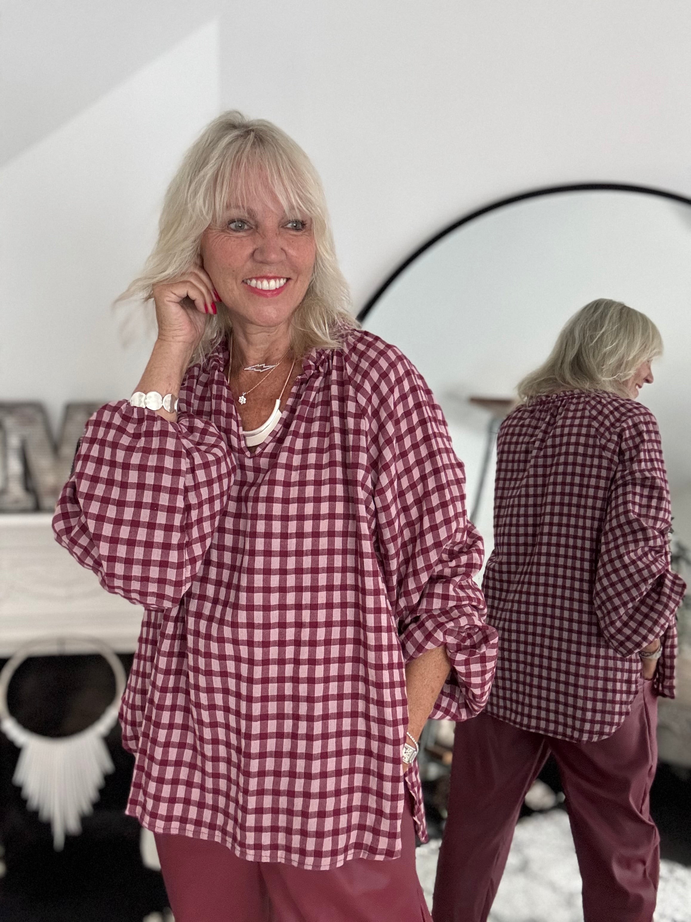 Oversized V Neck Check Top in Berry