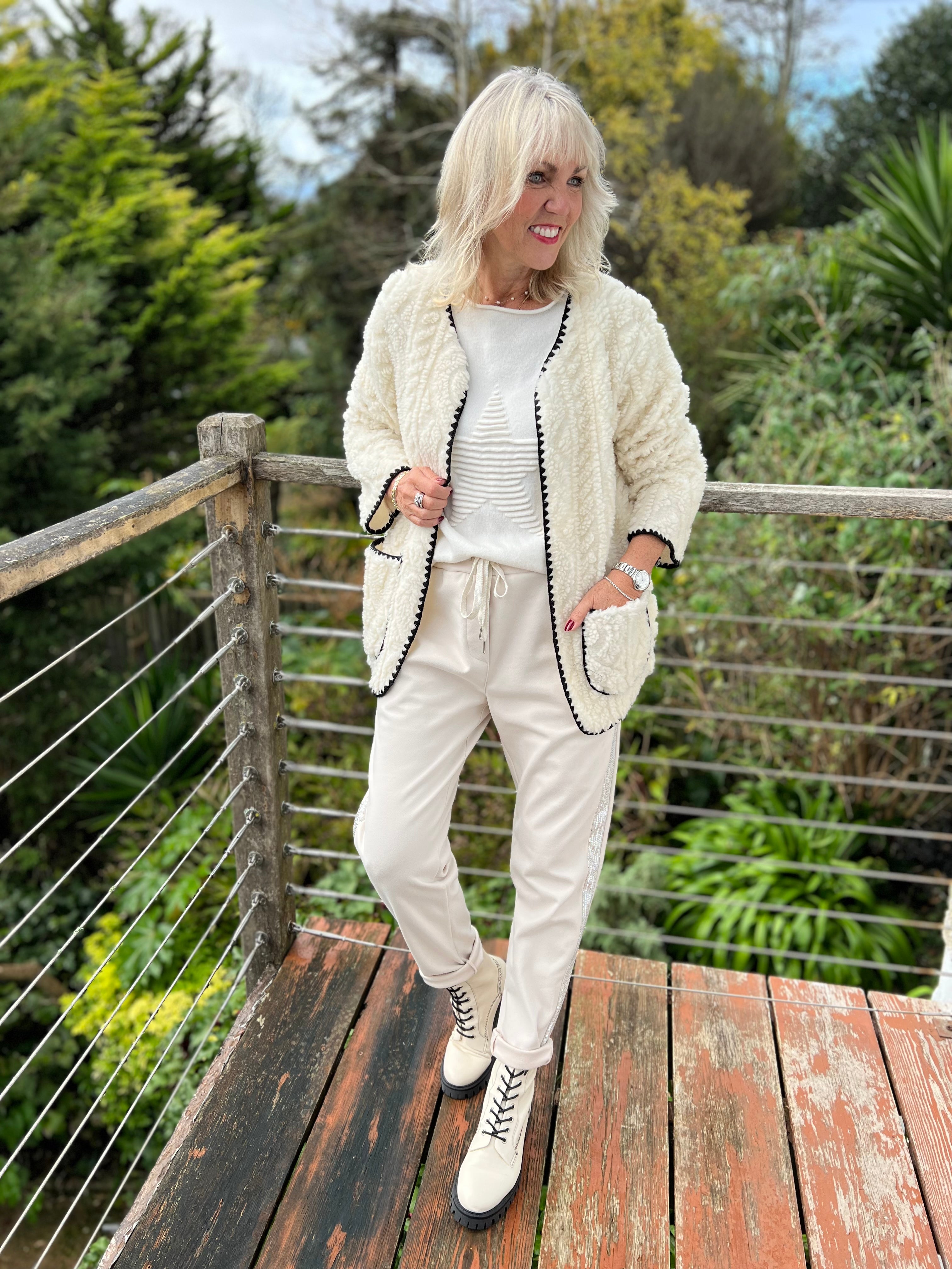 Soft Trousers with Sequin Stripe in Light Stone