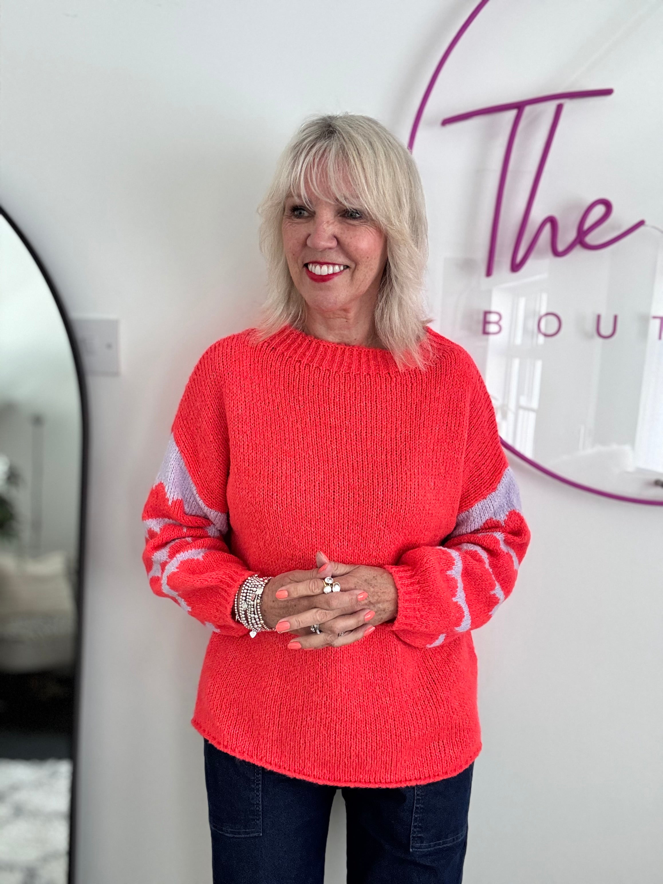 Coral Jumper with Stripe Lilac Sleeves