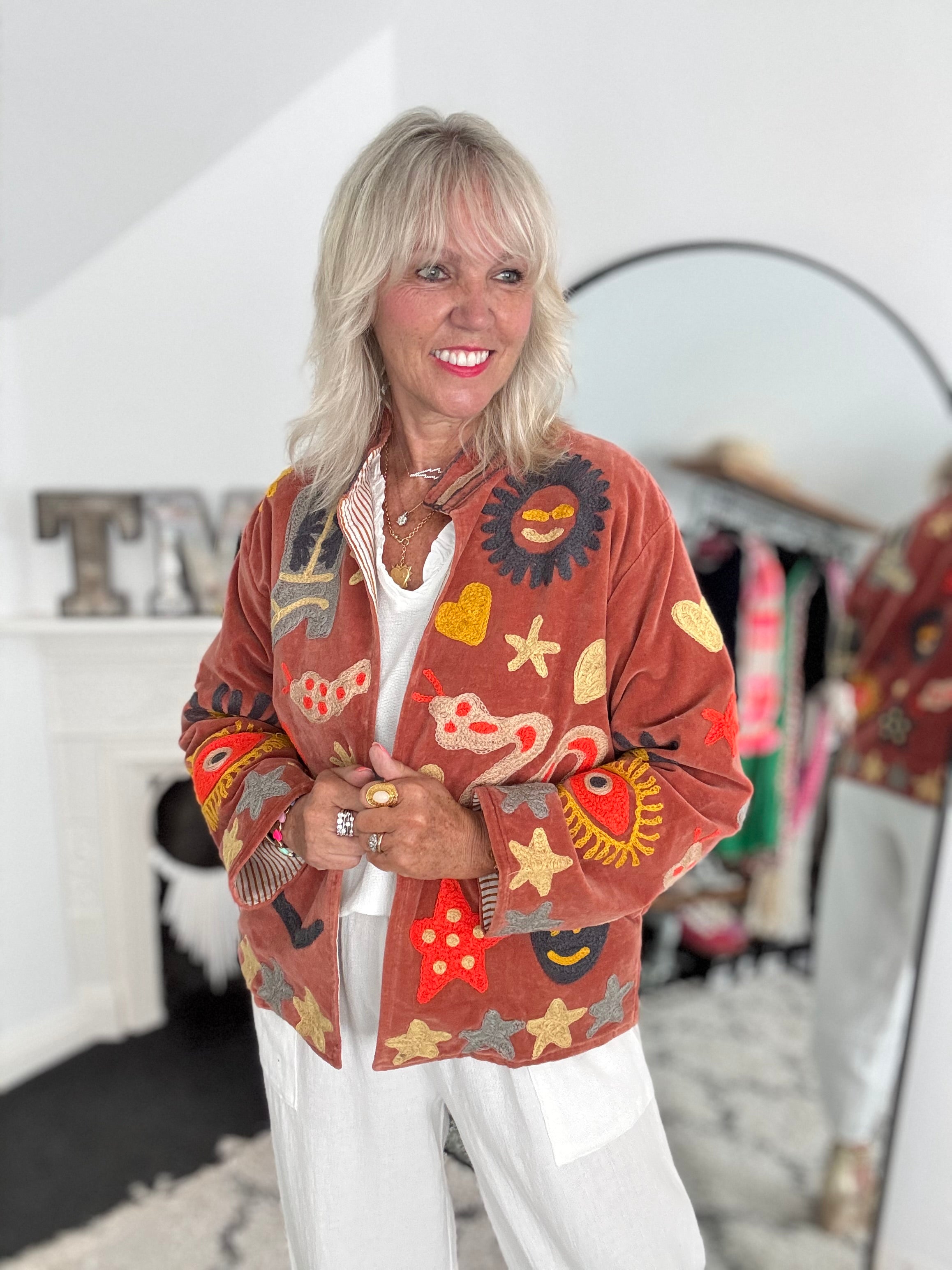 Artisan Velvet Jacket with Appliqued Folk Art in Sienna