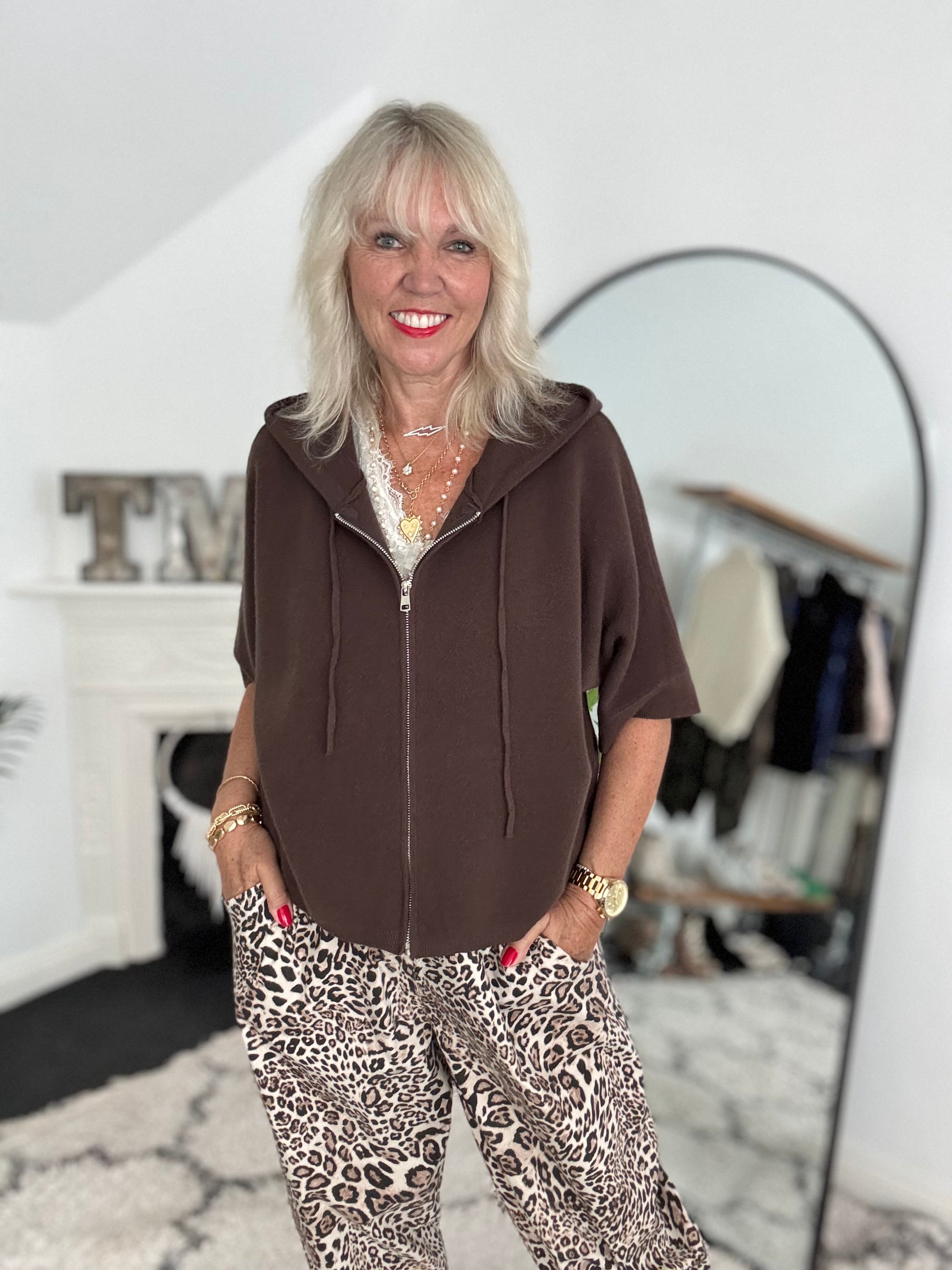 Soft Hooded Zipped Knit in Chocolate