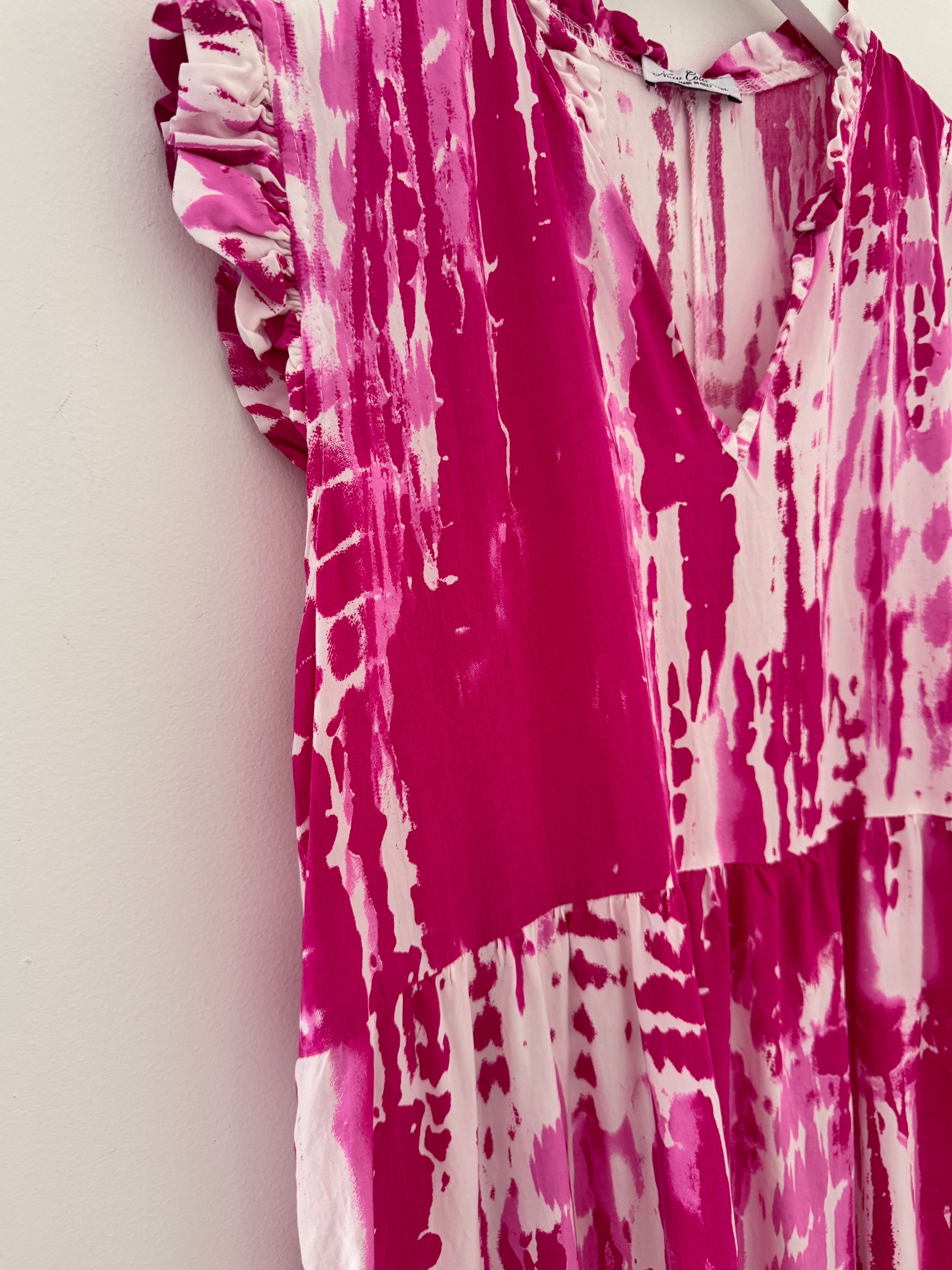 Tiered Sleeveless Dress in Fuchsia & White
