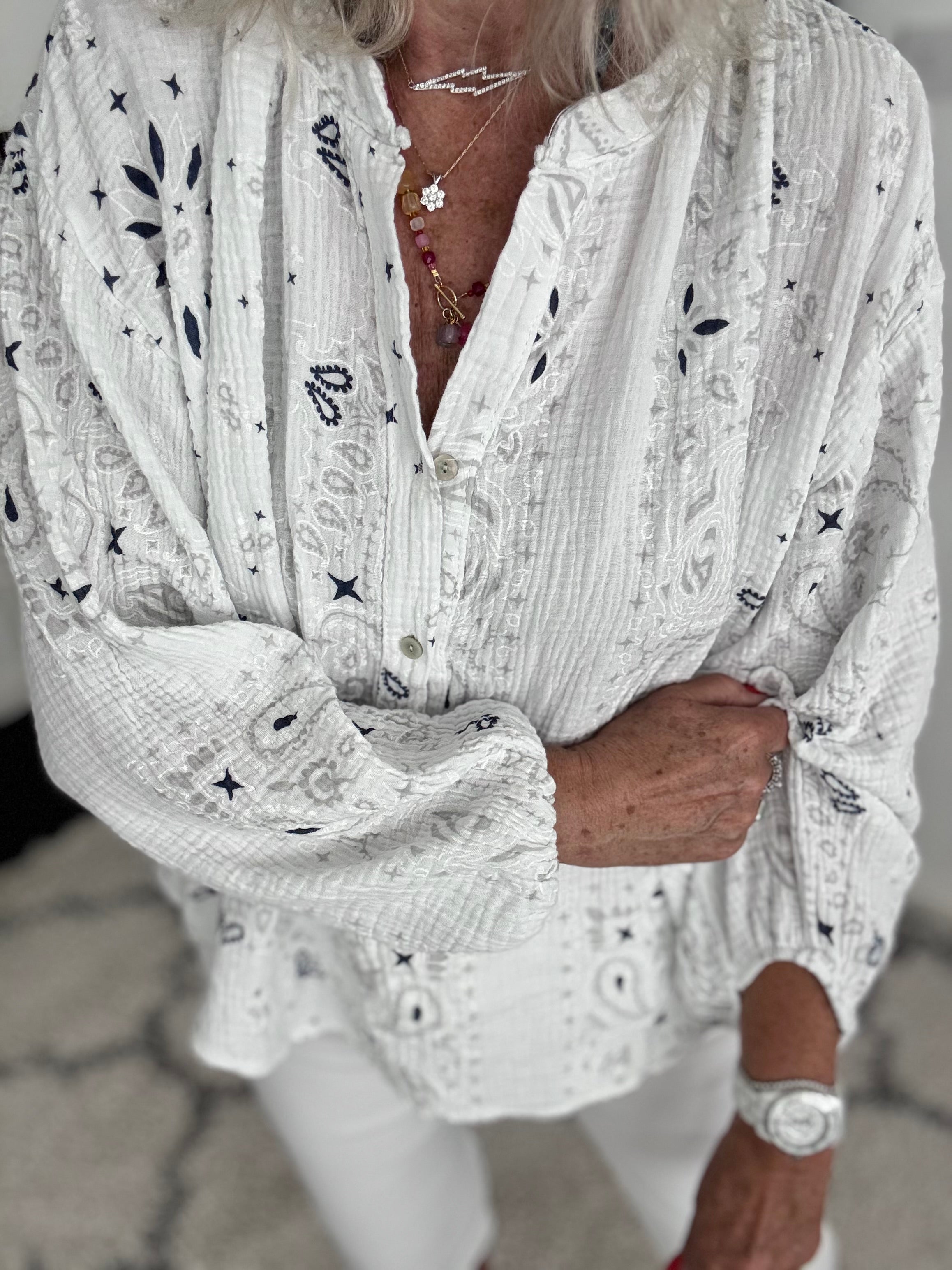 Oversized Paisley Cheesecloth Shirt in White