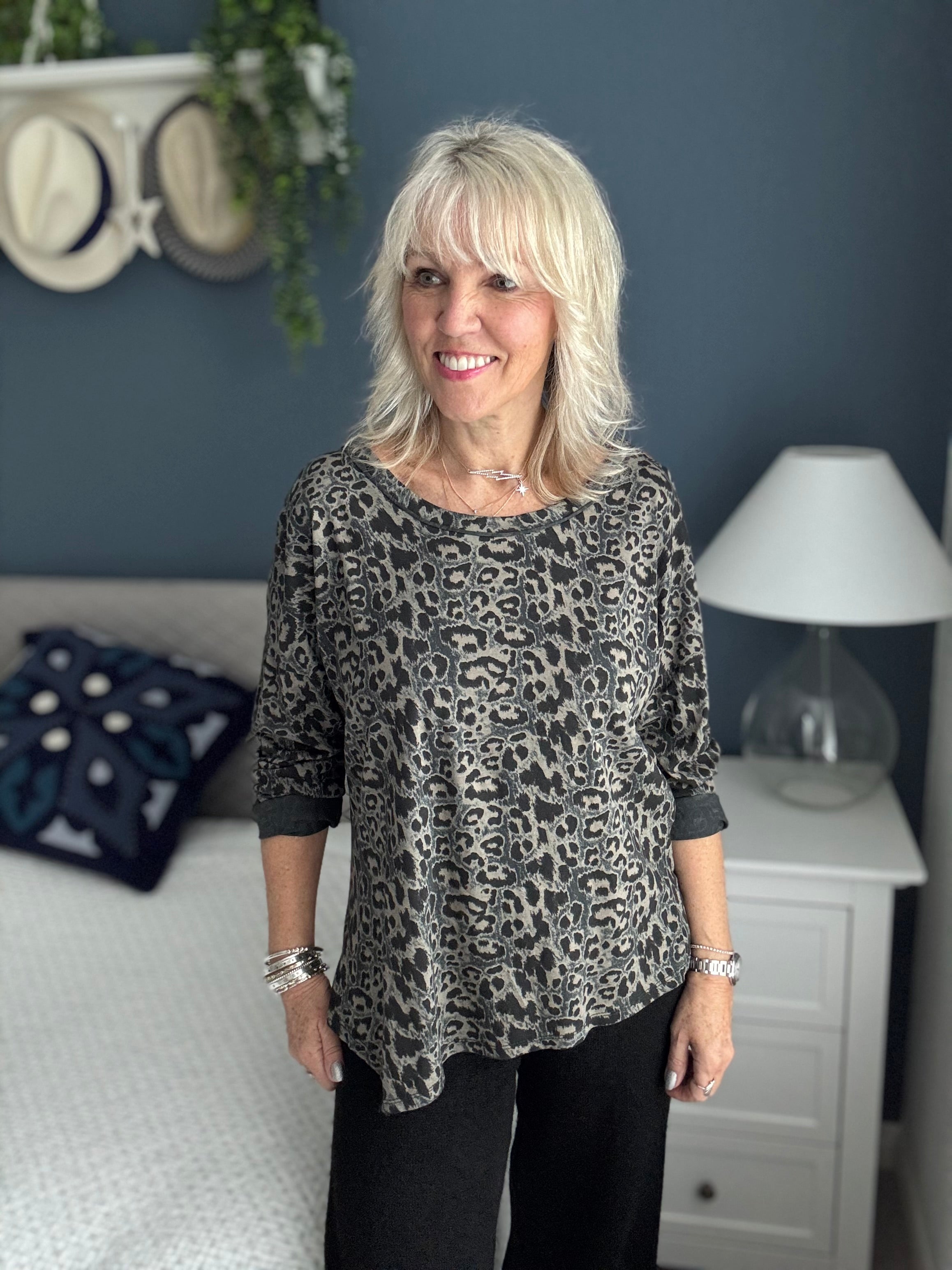 Leopard Print Cotton Top in Grey