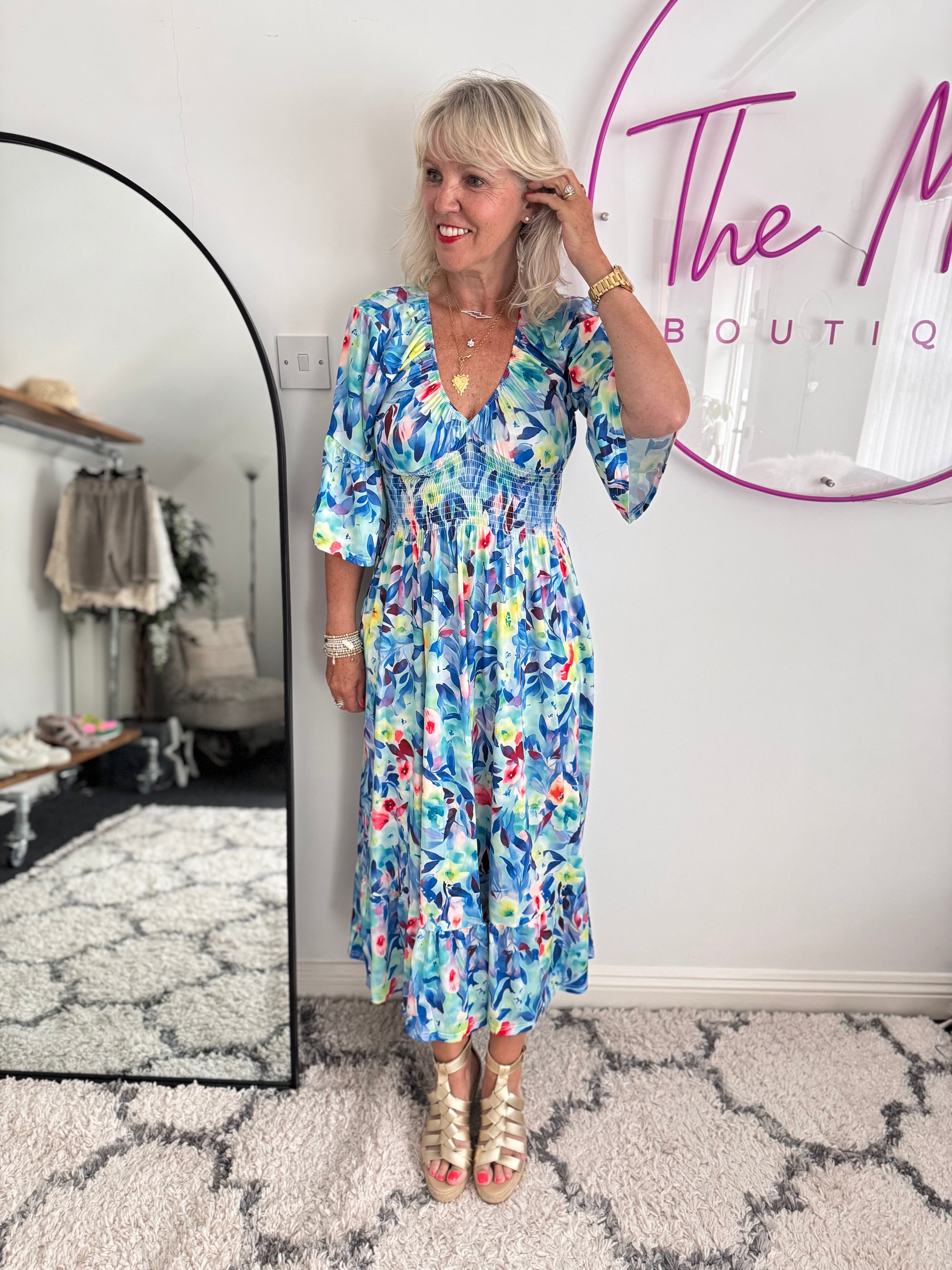 Silky Stretch Dress in Blue & Pink