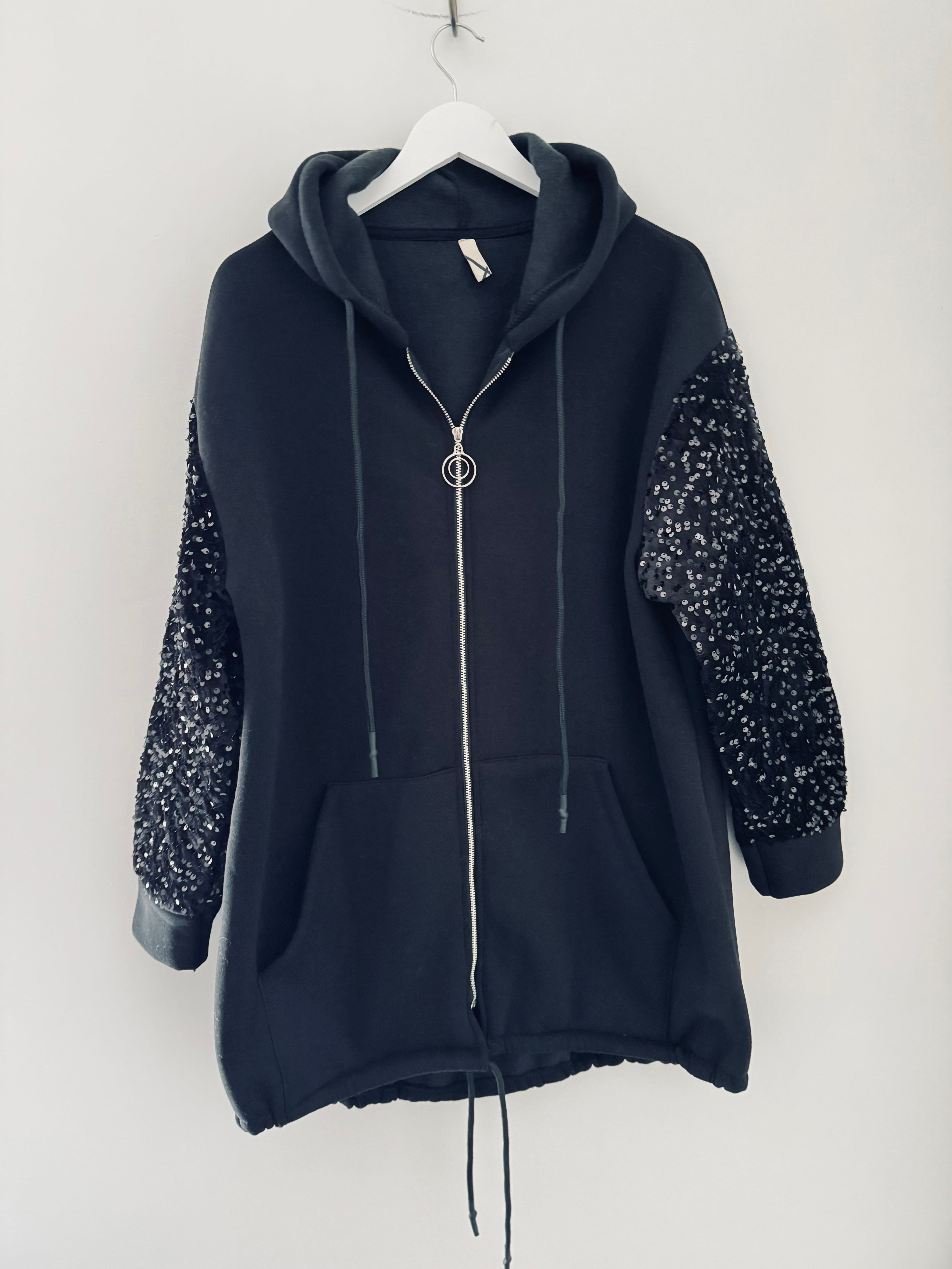 Hooded Jacket with Velvet Sequin Arms in Black