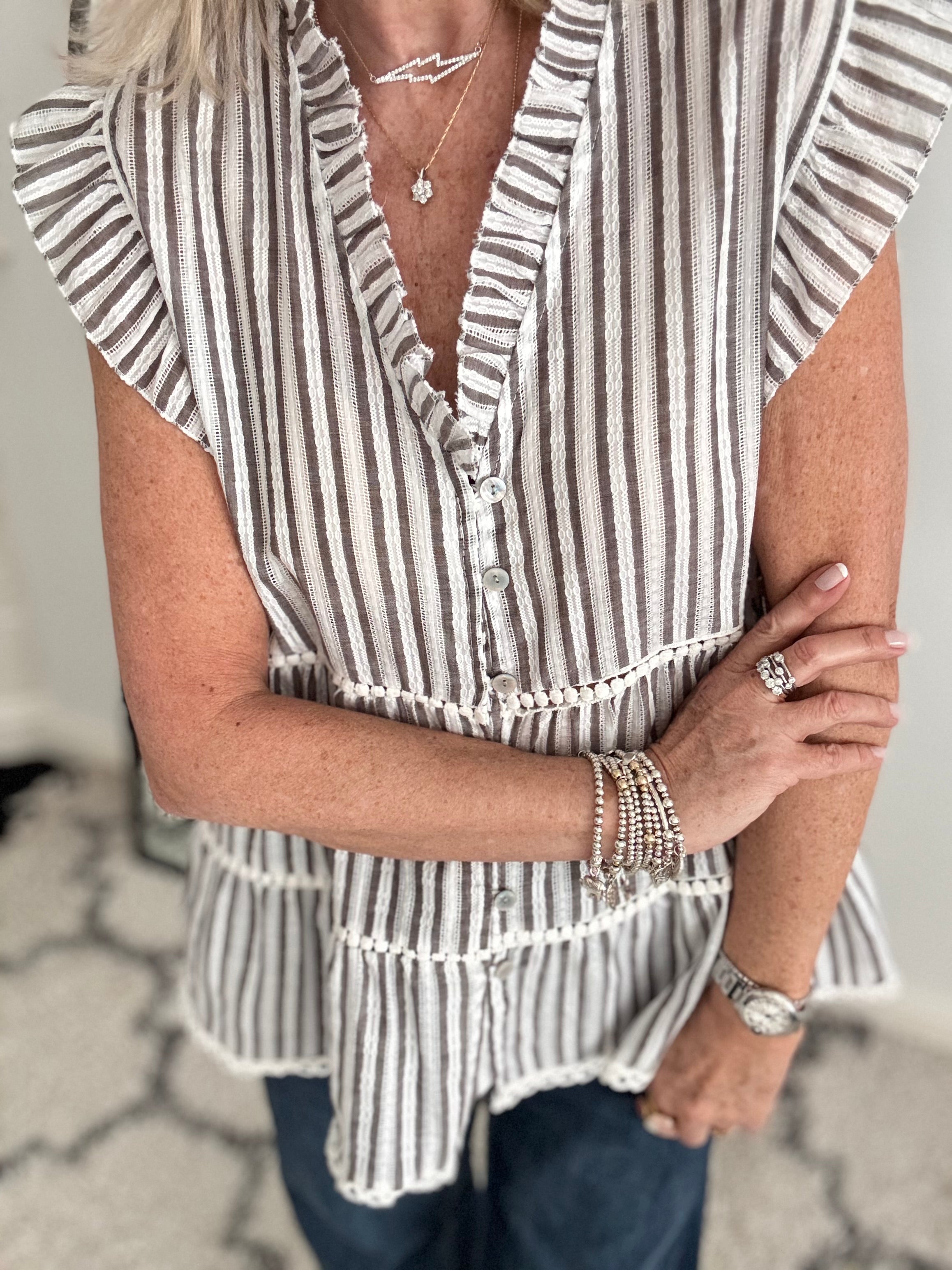 Tiered Cotton Top in Mocha & White Stripe