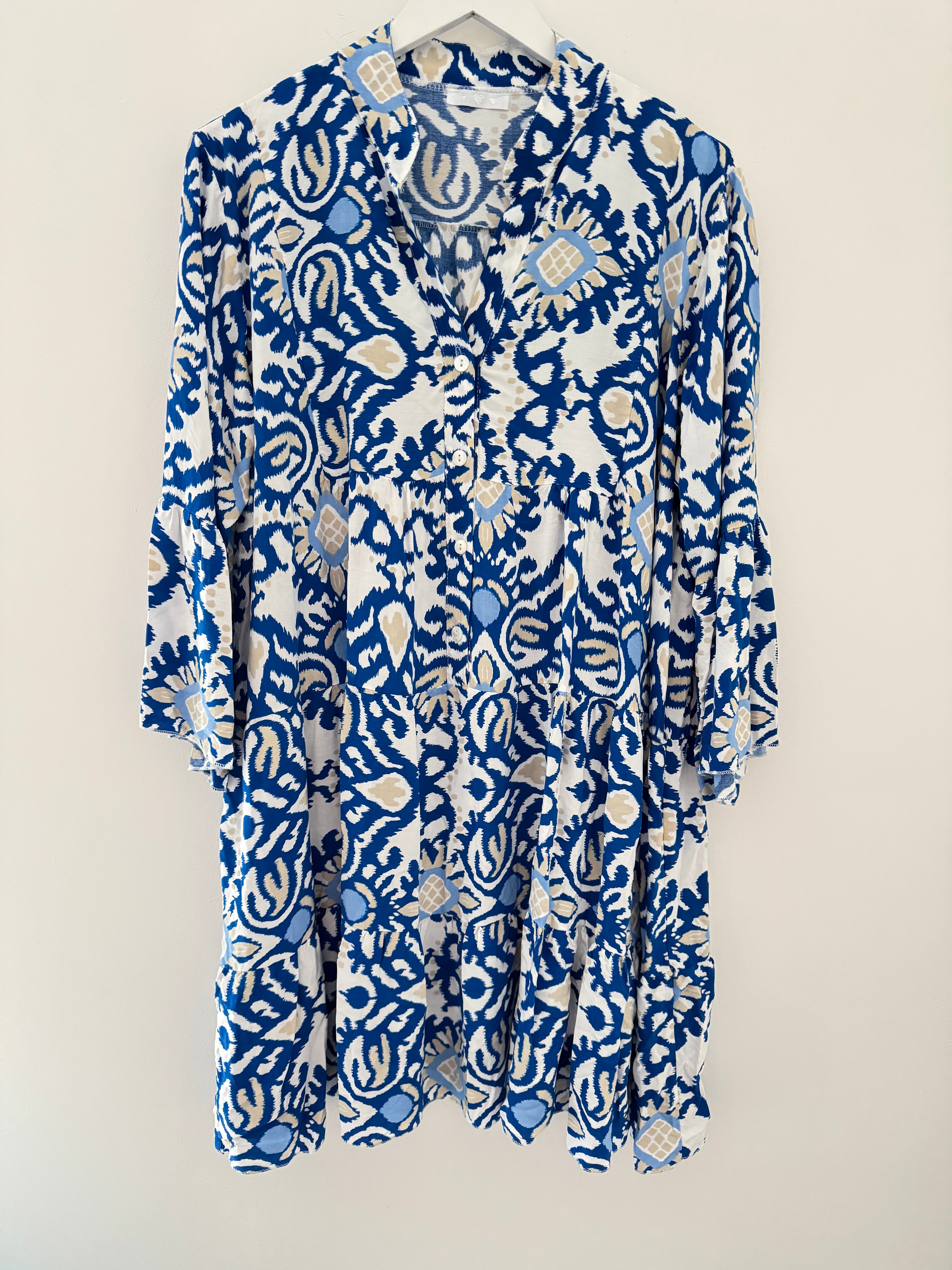 Tiered Print Dress in Blue & White