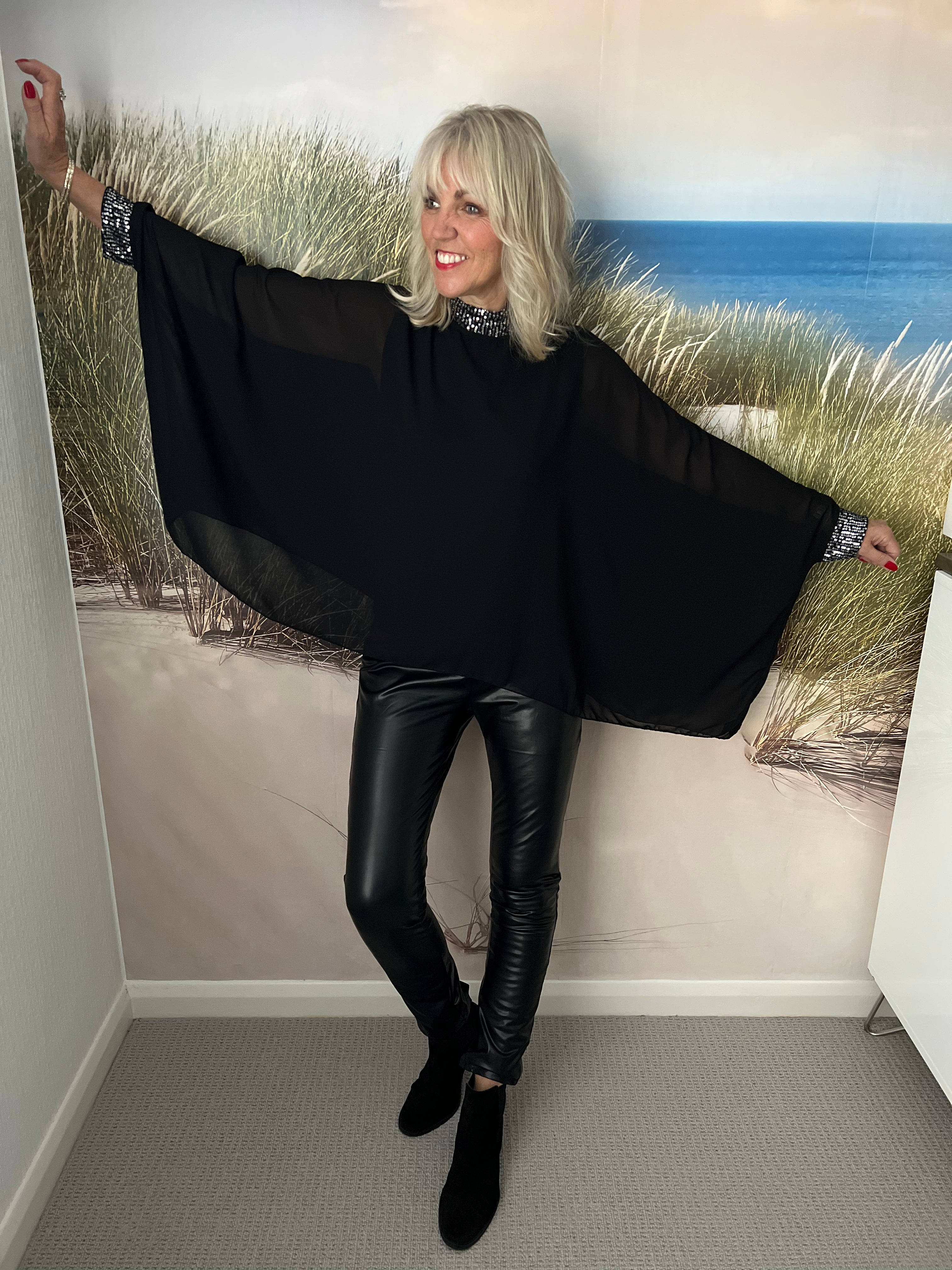 Batwing & Sequin Blouse in Black