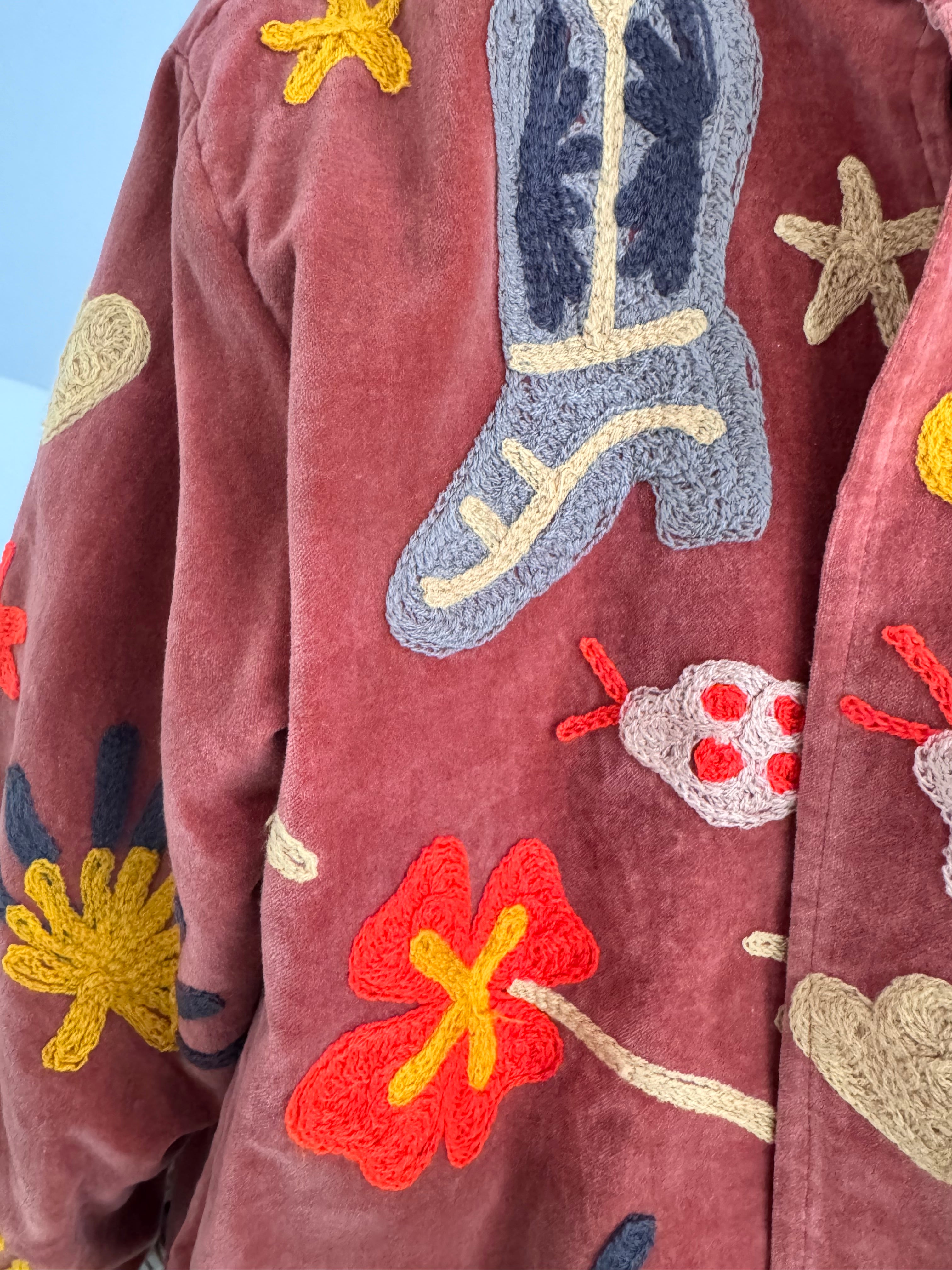Artisan Velvet Jacket with Appliqued Folk Art in Sienna