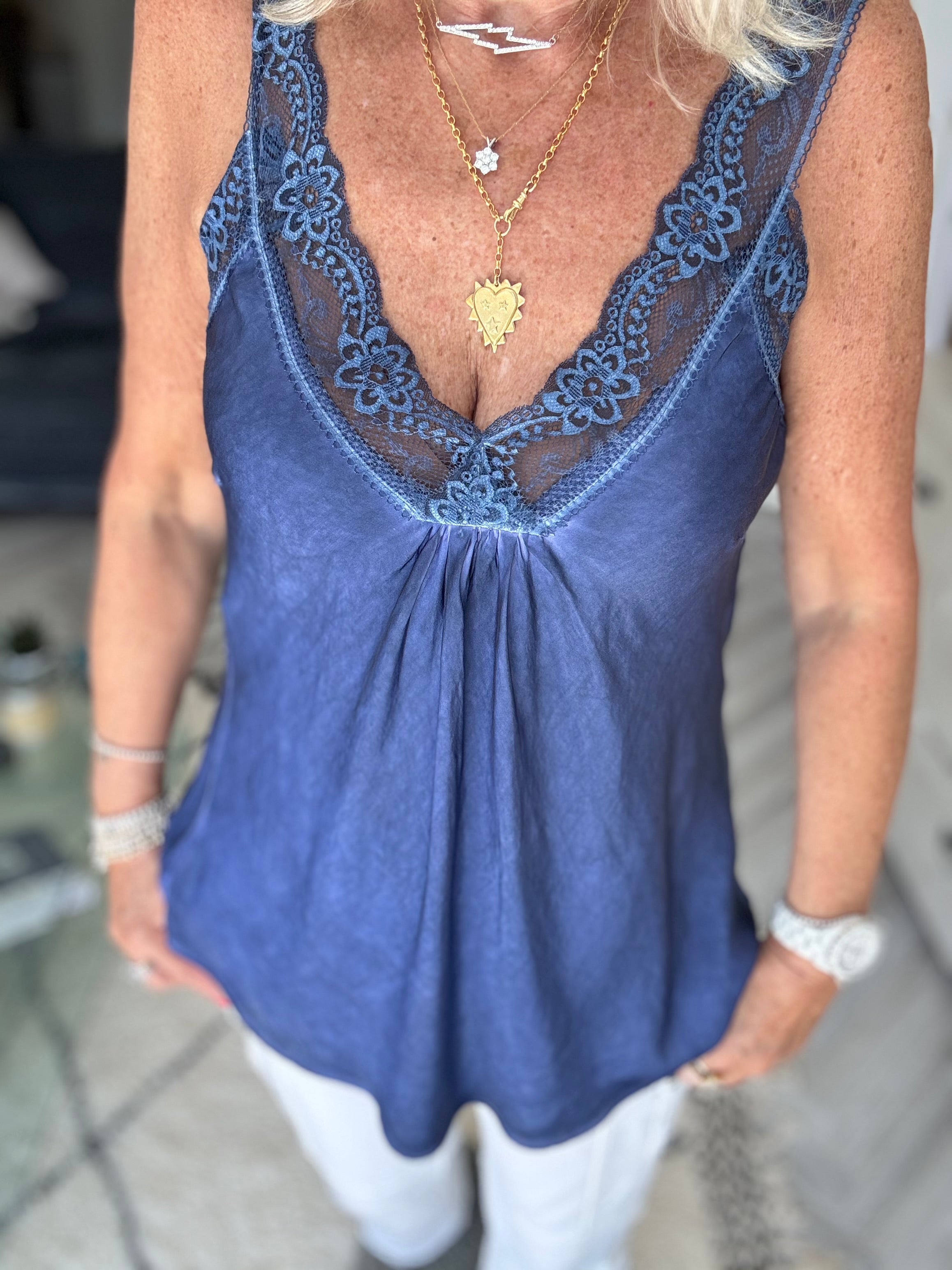 Lace Trim Silk Cami in Indigo Blue