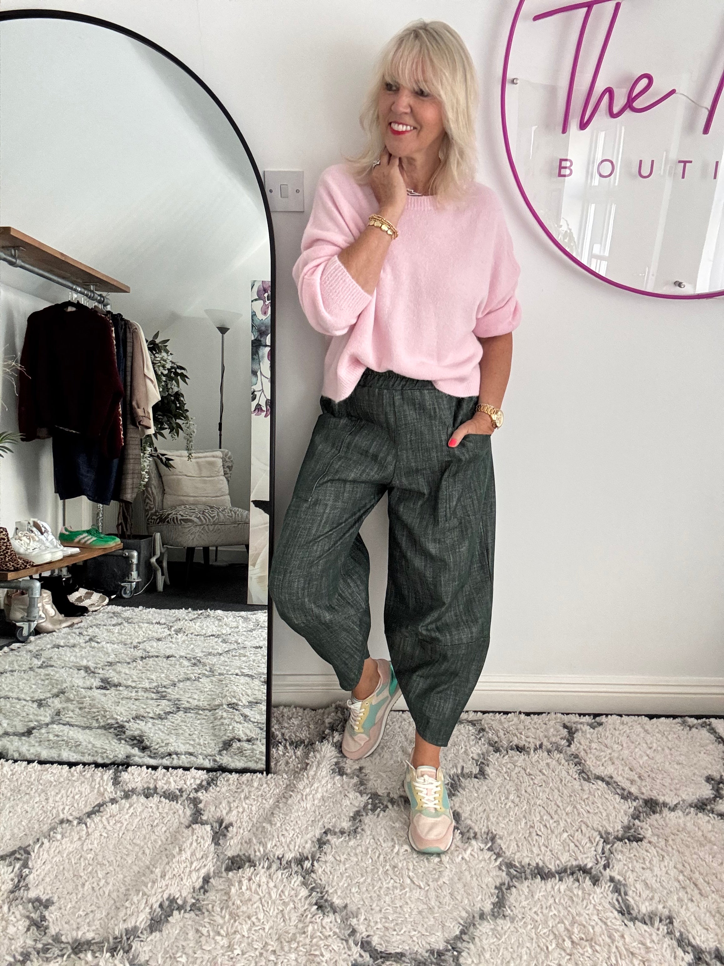 Premium Barrel Leg Trousers in Green Denim