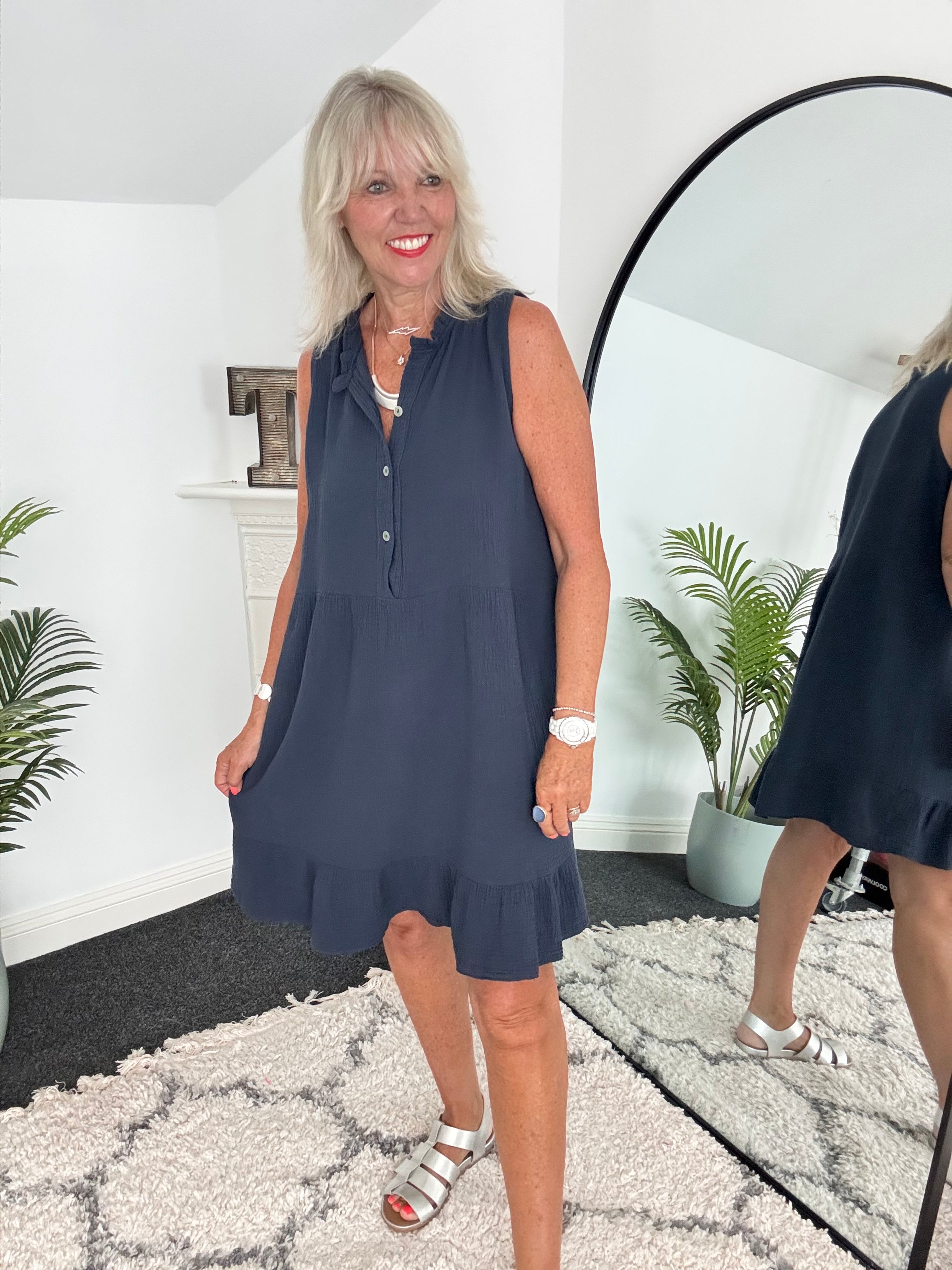 Cheesecloth Dress with Button Front in Navy