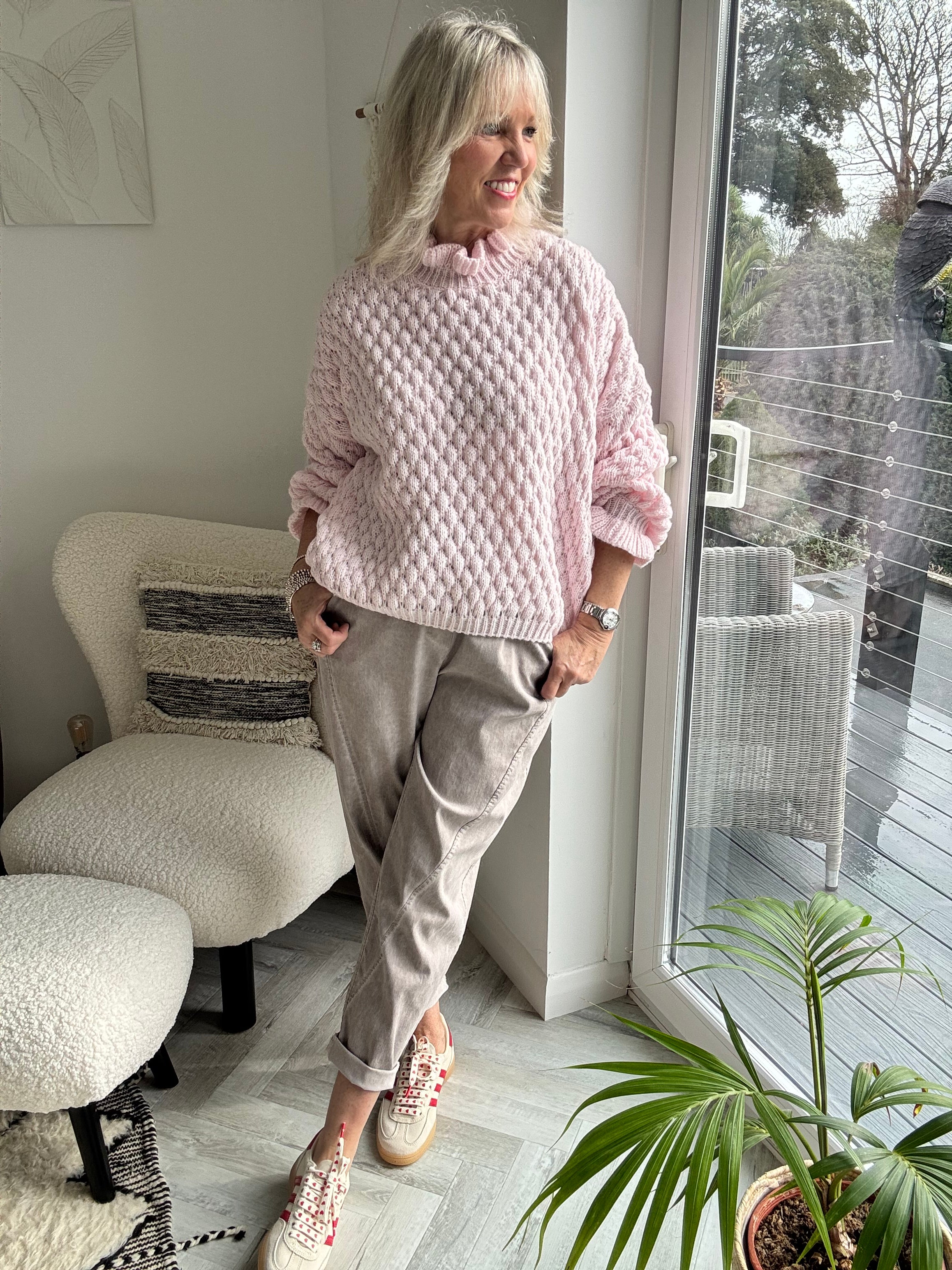 Waffle Jumper with Frill Neck in Pink