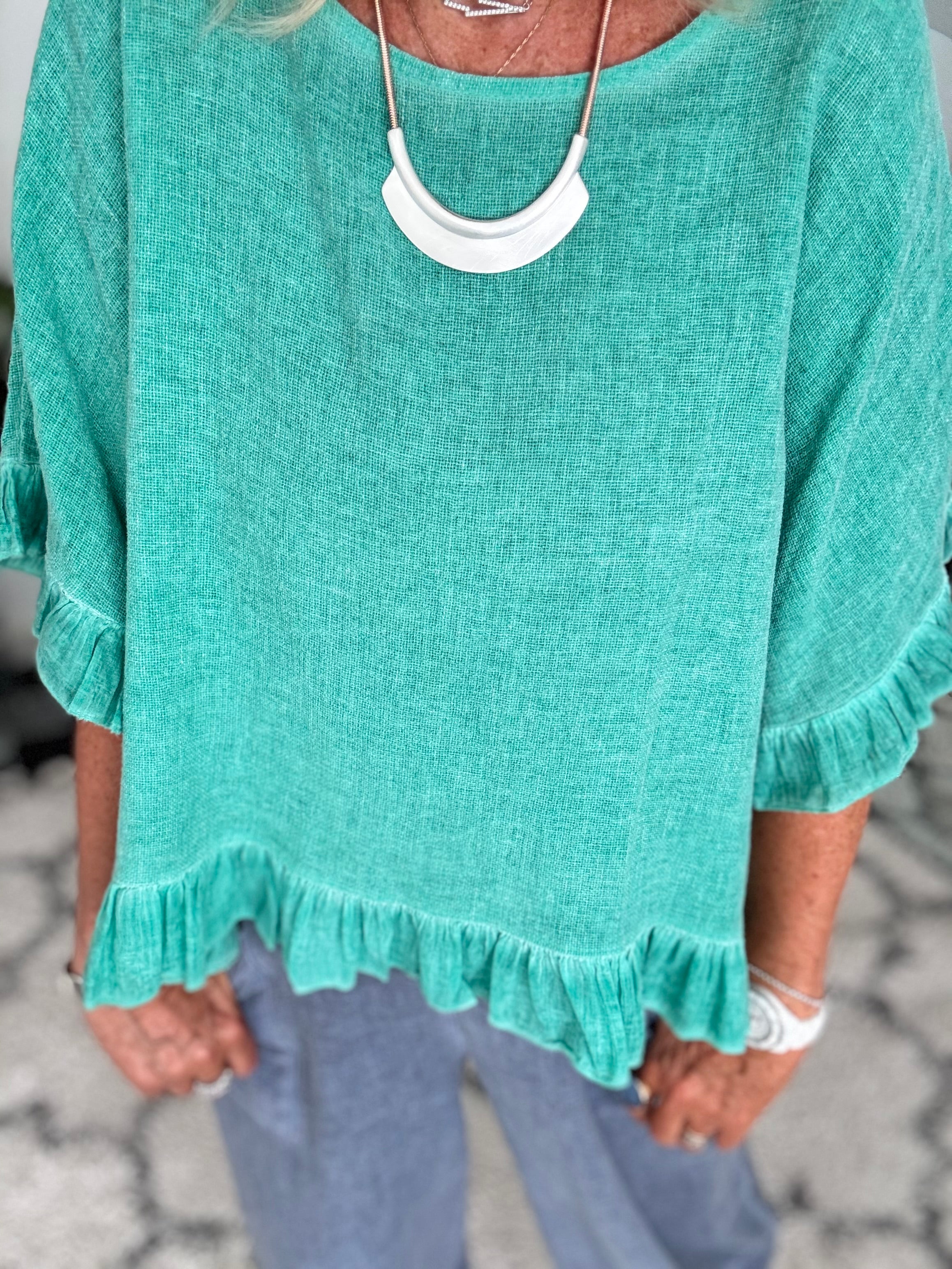 Linen & Cotton Ruffle Edge Top in Ocean Green